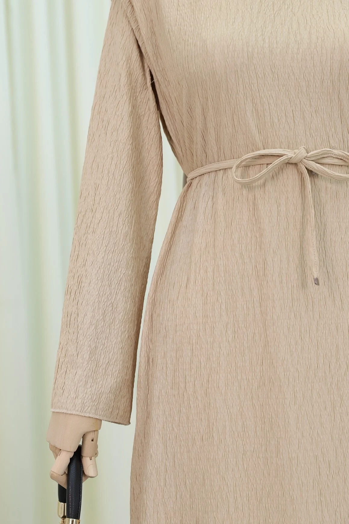 Beige Textured Long-Sleeve Dress with Drawstring Waist - Podyumplus - by Peralane - photo 6