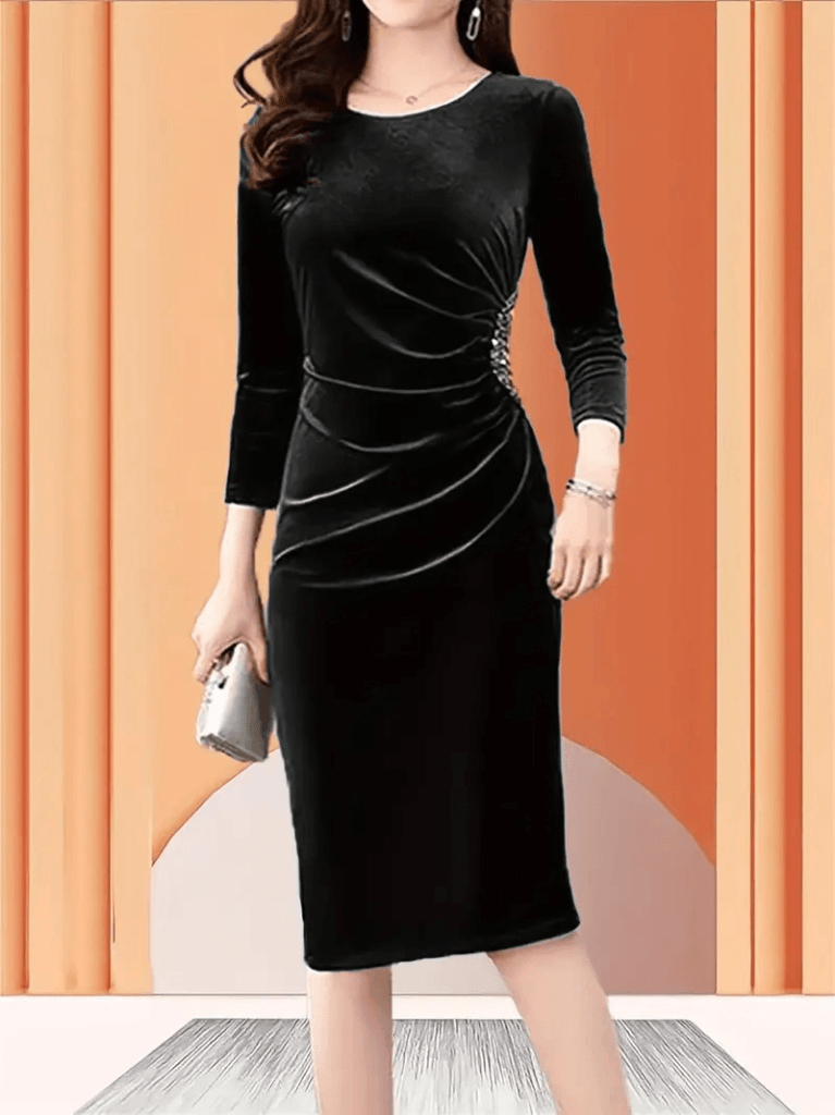 Women's Long-Sleeved Round Neck Velvet Midi Dress with Side Rhinestone Detail - Janes - by Peralane - photo 4