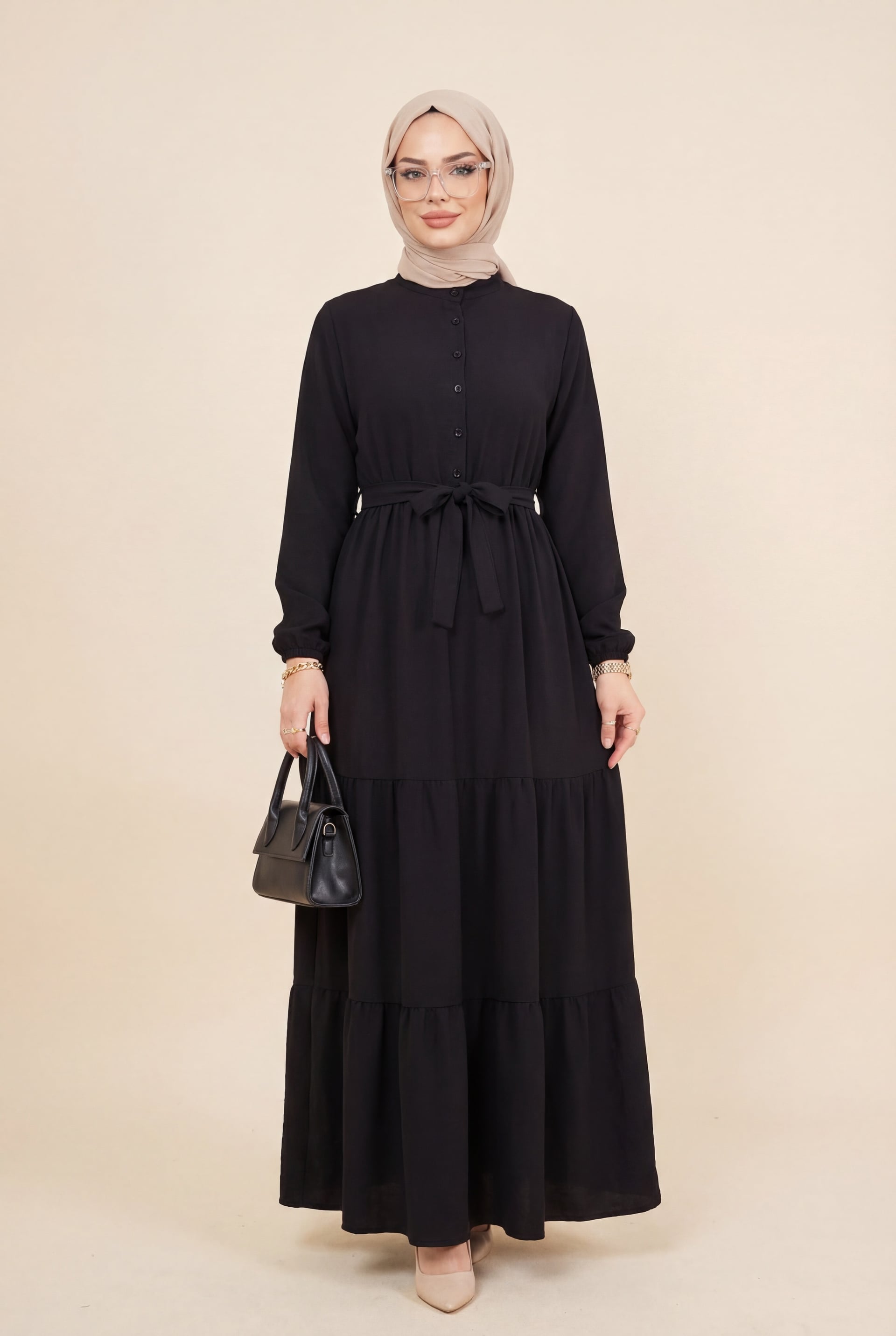 Half Button Stand Collar Tie Waist Linen Look Dress - Black - Podyumplus - by Peralane - photo 2