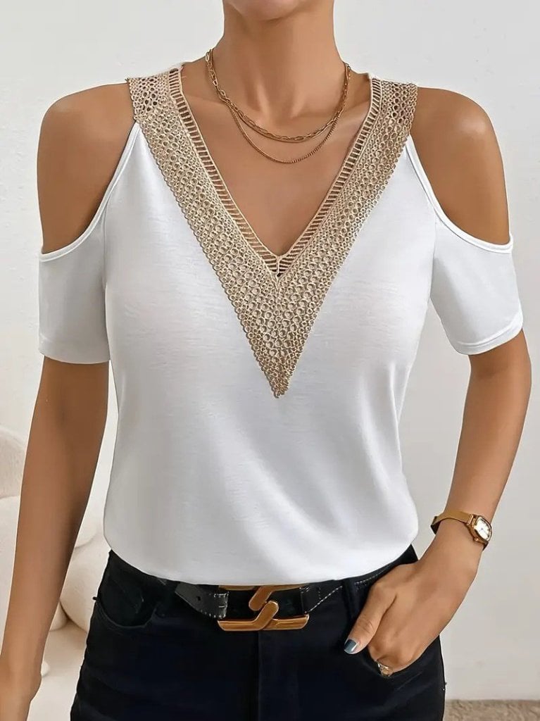 Women's V-Neck Cold-Shoulder Viscose Blouse with Gold Crochet Trim - Janes - by Peralane