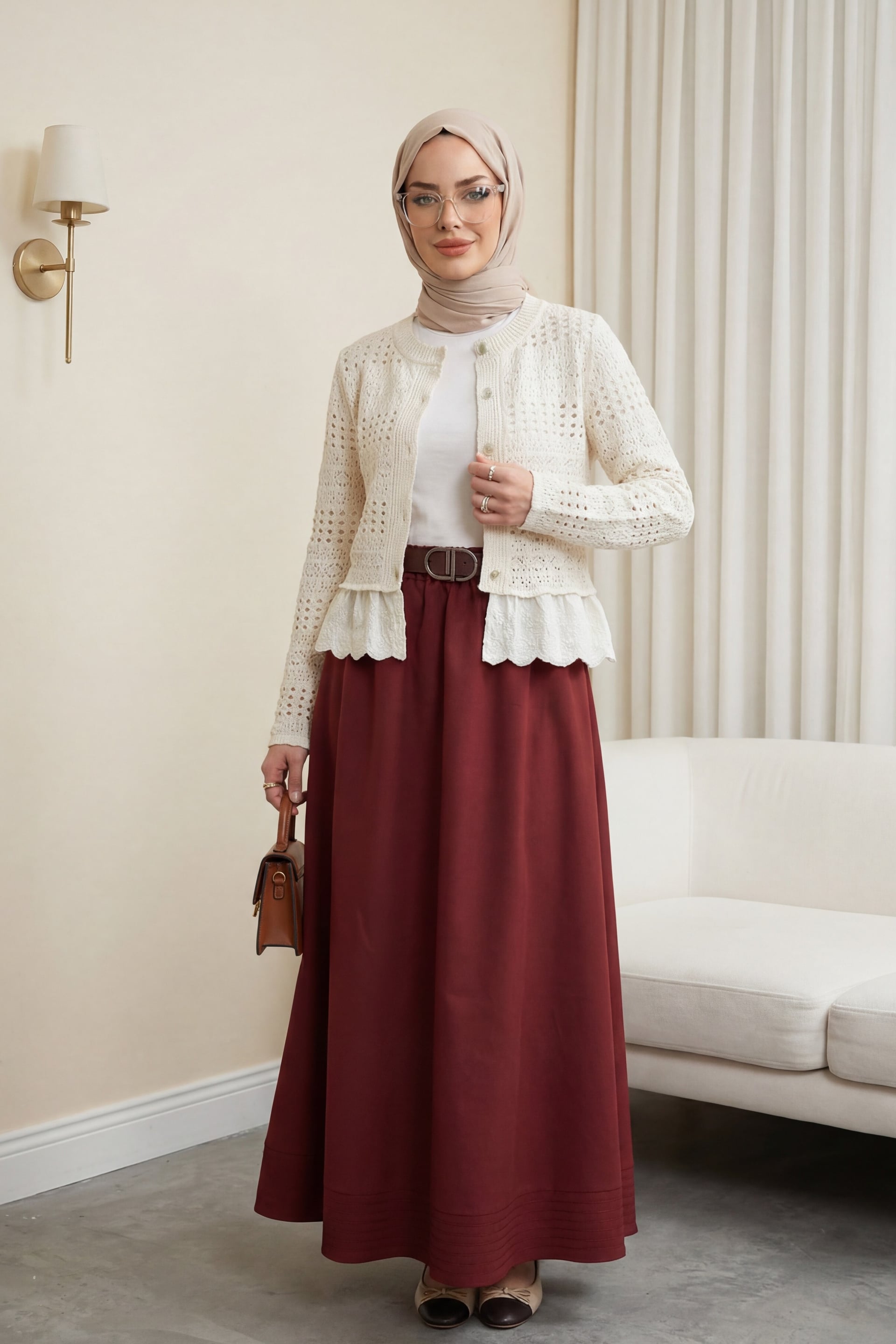 Burgundy Elasticated Waist Soft Gabardine Skirt with Stitching Detail and Lining - Podyumplus - by Peralane - photo 3