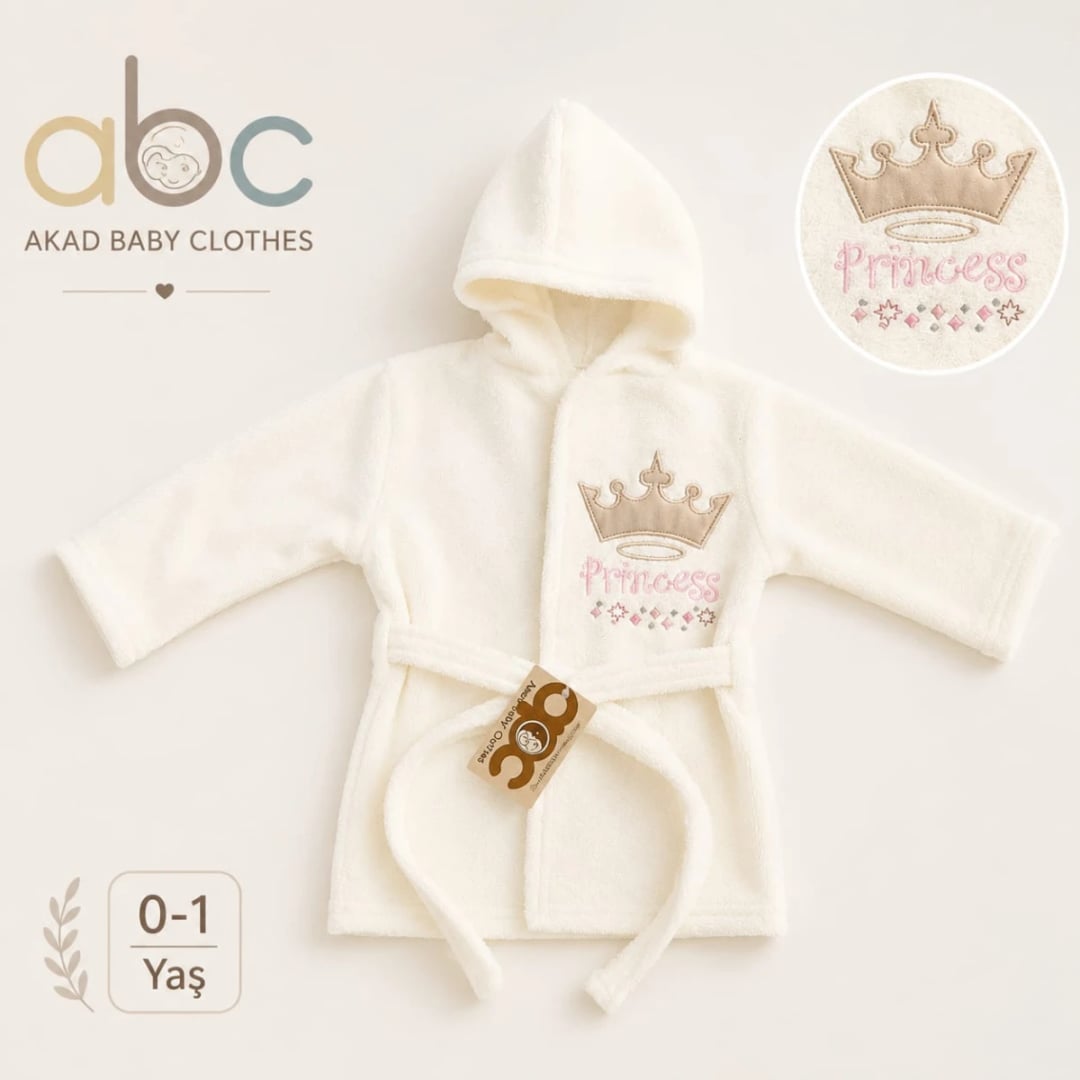 Baby Girl Hooded Bathrobe with Princess Embroidery - Cream Pink (Pack of 4) - Has Bereket - by Peralane