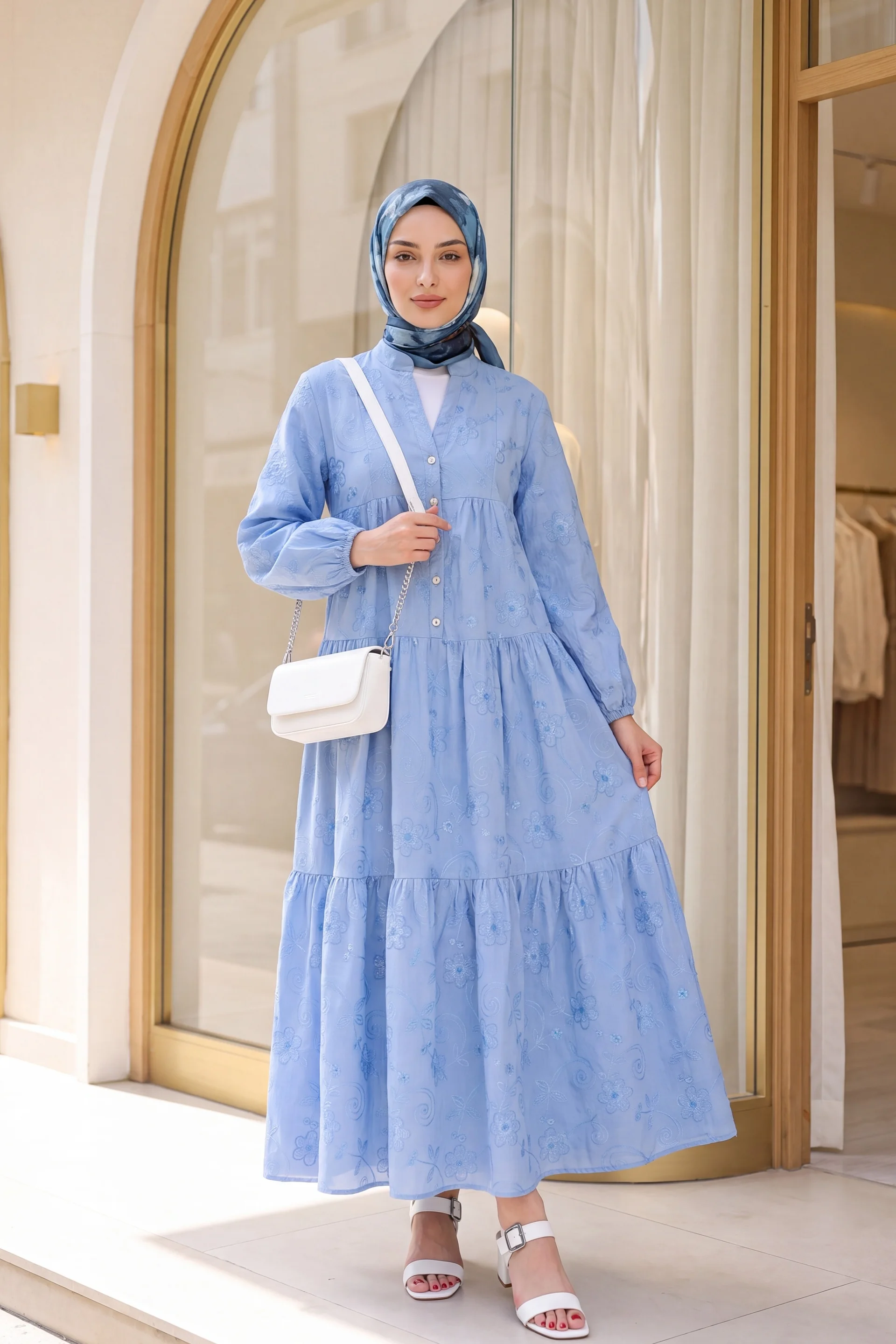 Light Blue Embroidered Floral Midi Dress with Tiered Skirt - Podyumplus - by Peralane - photo 3