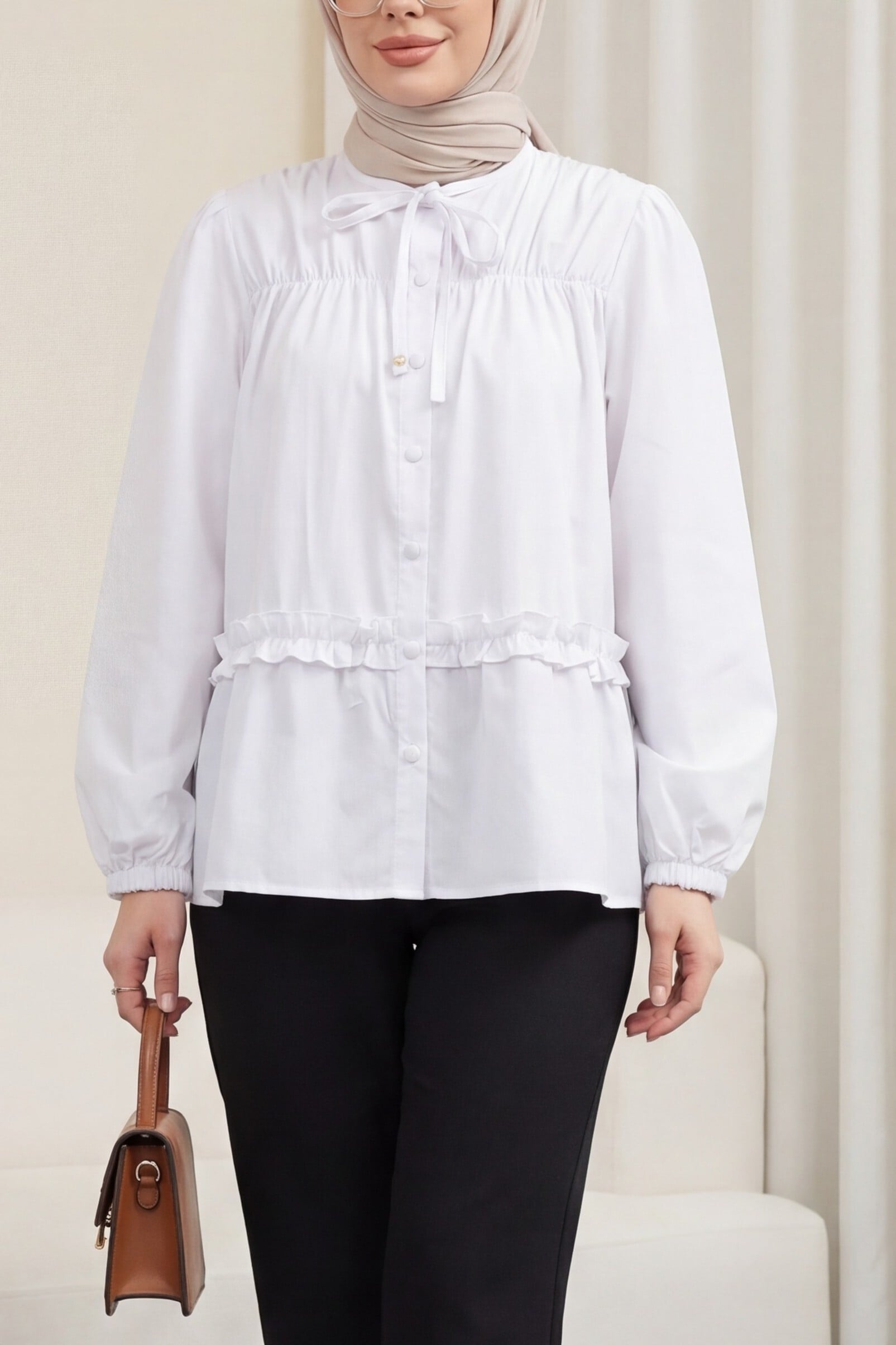 Ruffled Poplin Tunic with Smocked Yoke and Button Front - White - Podyumplus - by Peralane - photo 5