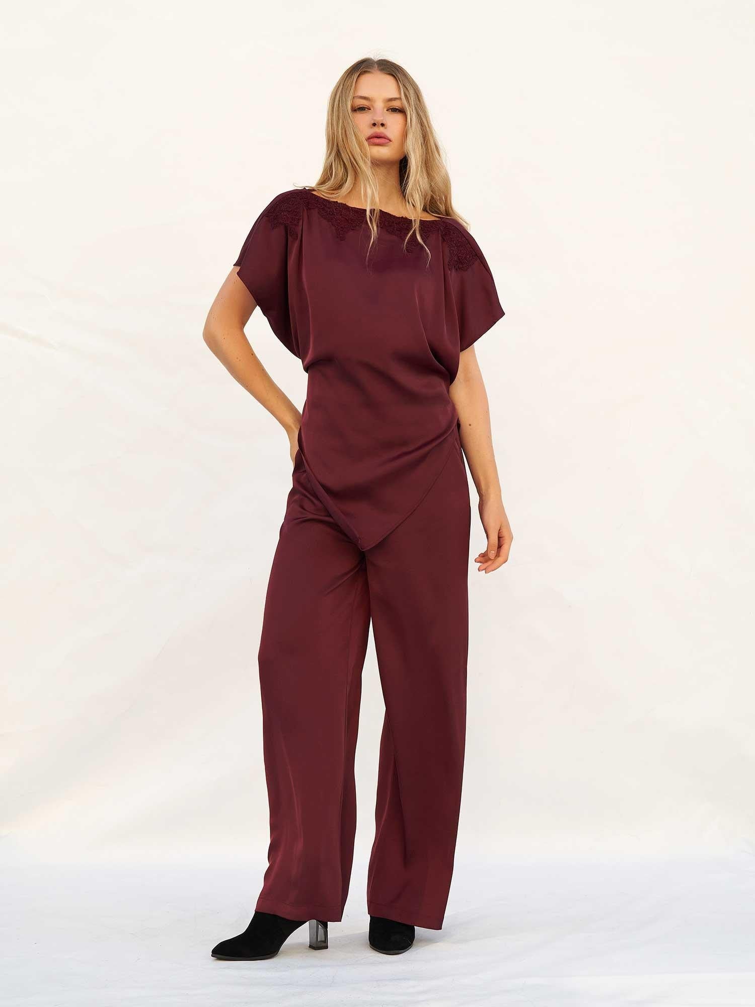 Lace Trim Asymmetric Satin Blouse and Wide-Leg Trousers Set in Burgundy - Lefon - by Peralane - photo 4