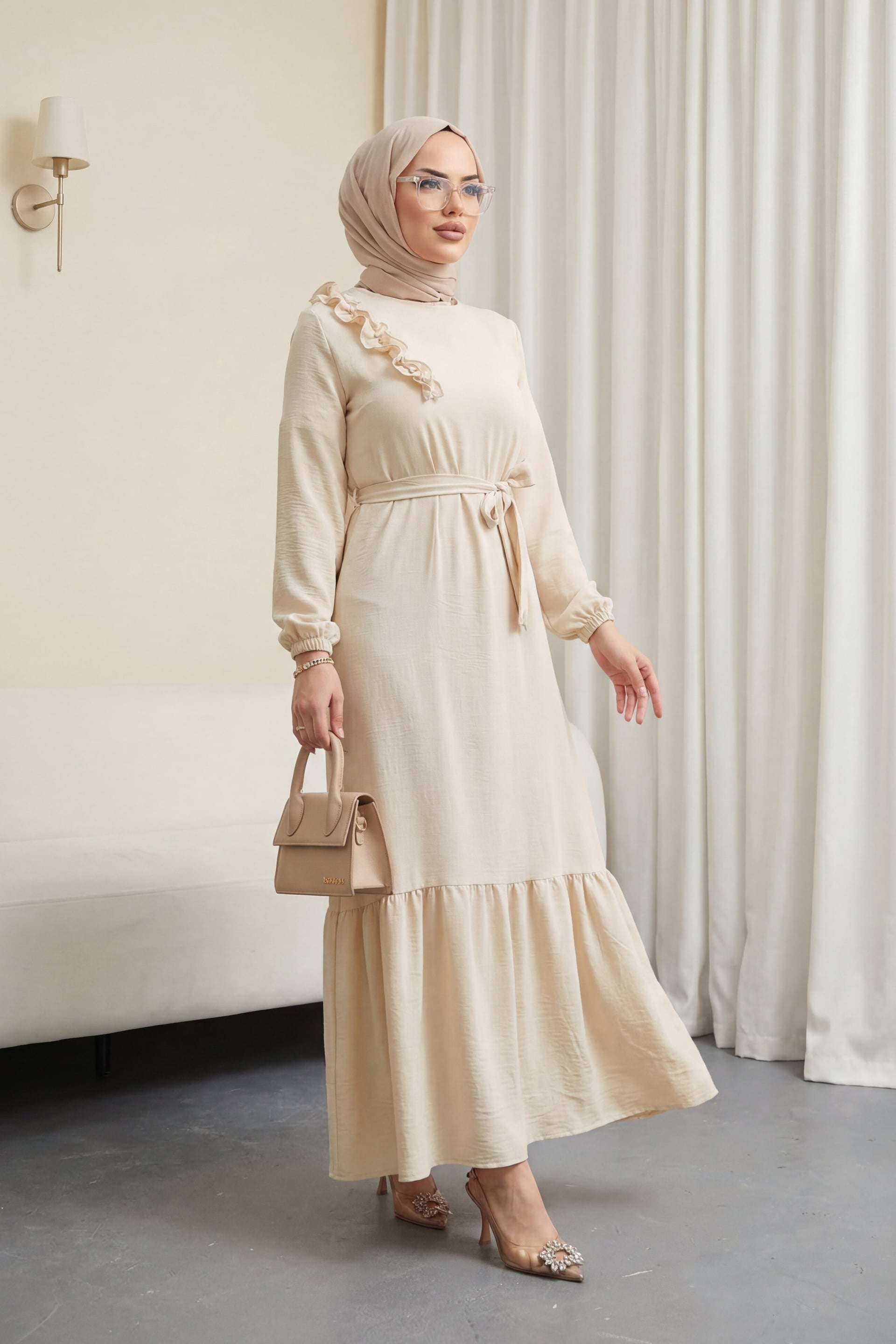 Ruffled Stone Detail Belted Tiered Dress in Ecru - Podyumplus - by Peralane - photo 2