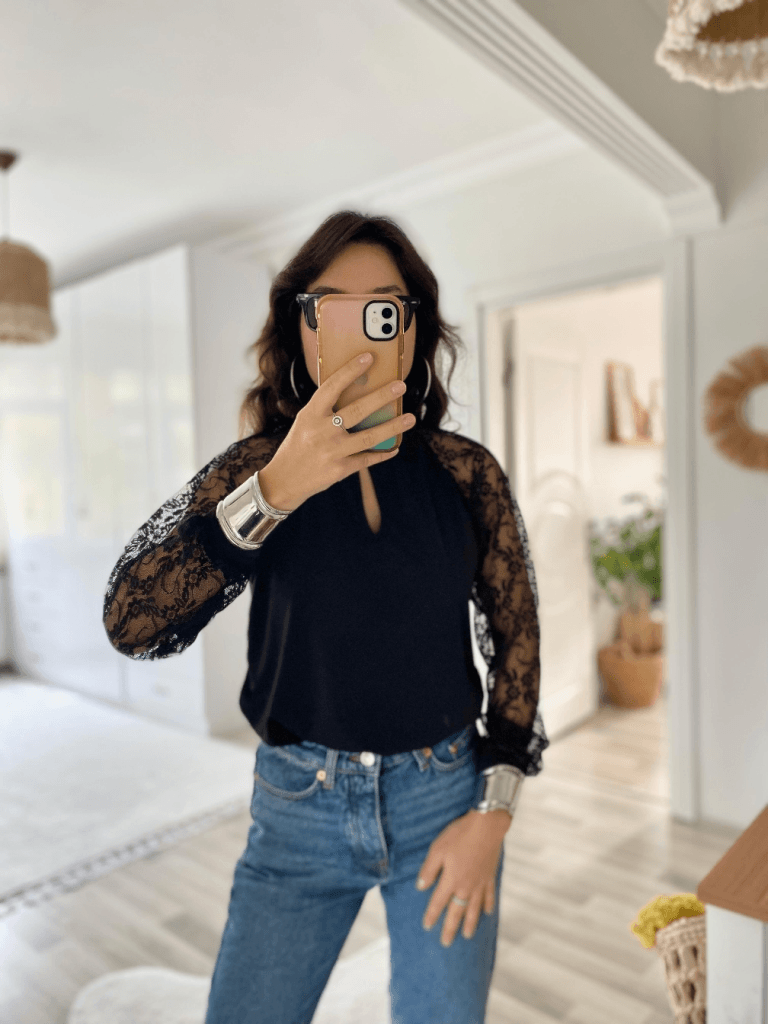 Women's Long Sleeve High Neck Keyhole Blouse with Lace Sleeves in Black - Janes - by Peralane - photo 5