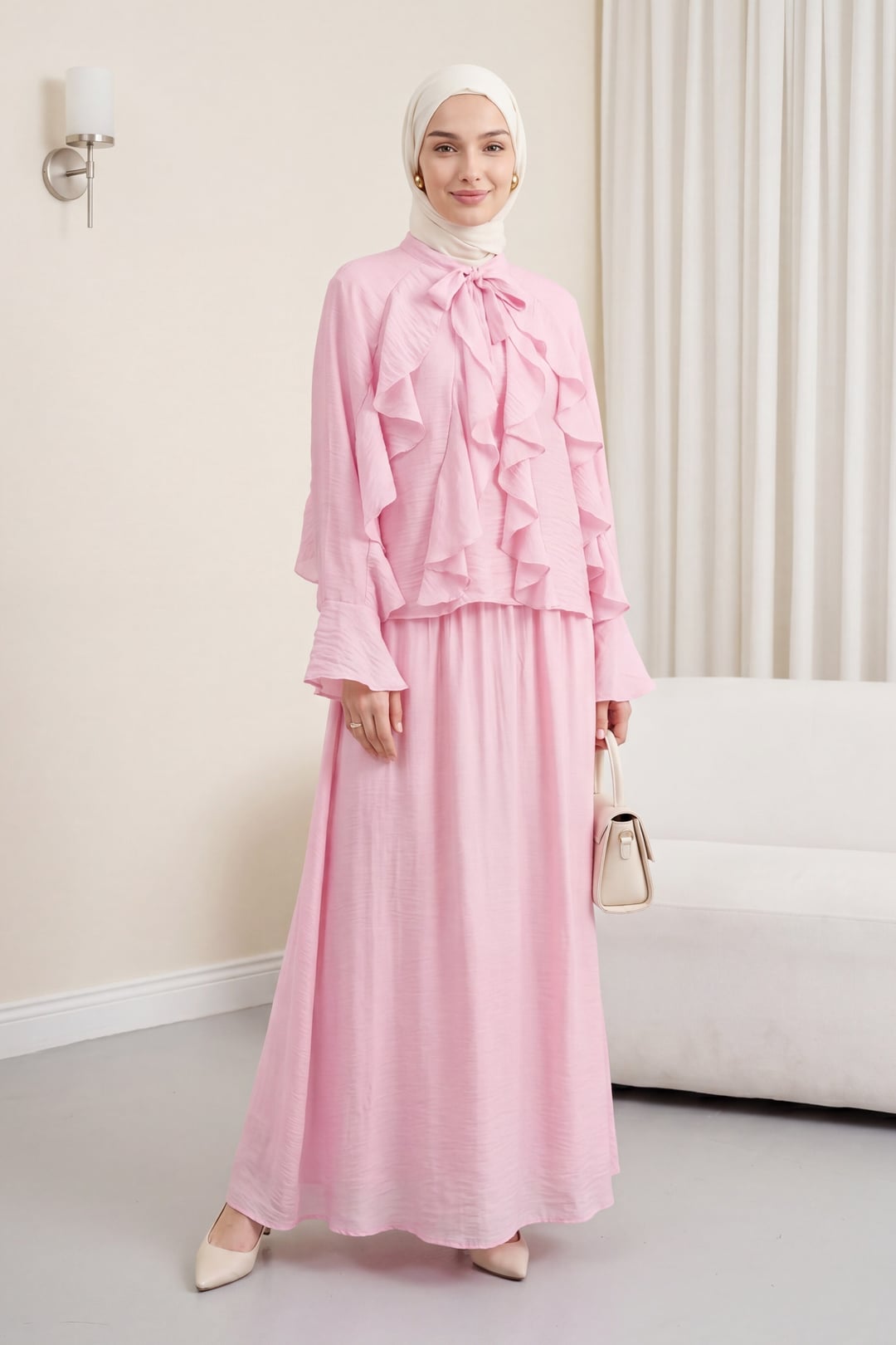 Pink Ruffled Bow Collar Modal Two-Piece Set with Skirt - Podyumplus - by Peralane - photo 3