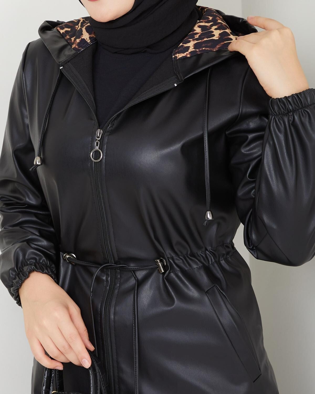 Black Hooded Faux Leather Jacket with Drawstring Waist - Podyumplus - by Peralane - photo 5