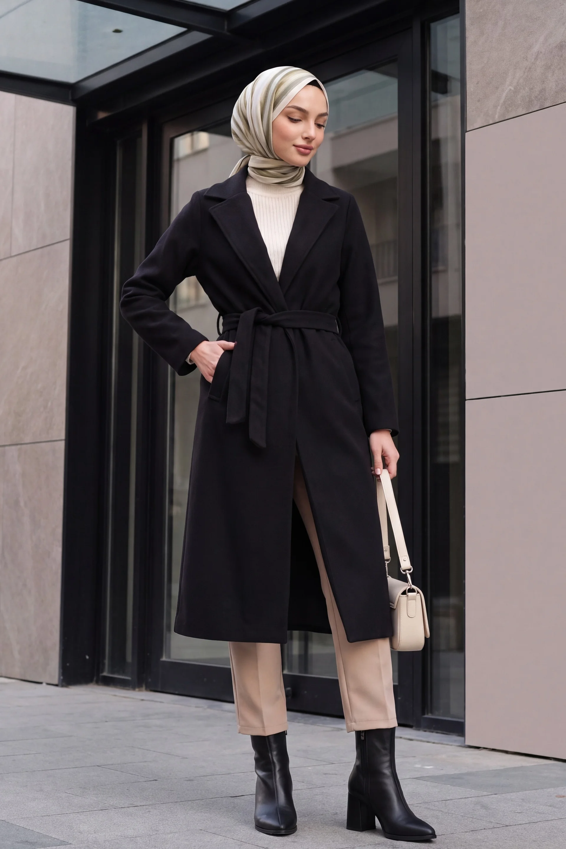 Black Wool Blend Double-Breasted Coat with Self-Tie Belt - Wholeskop - by Peralane - photo 3