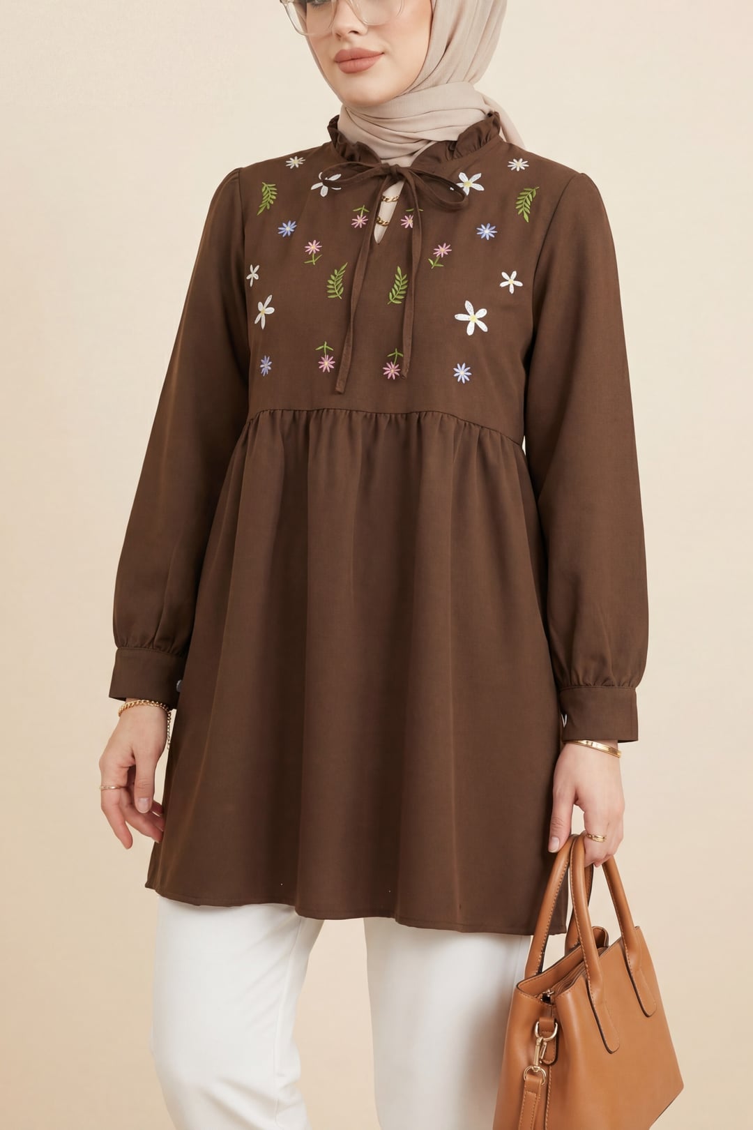 V-Neck Tie-Front Ruffled Floral Embroidered Poplin Tunic - Brown - Podyumplus - by Peralane - photo 5