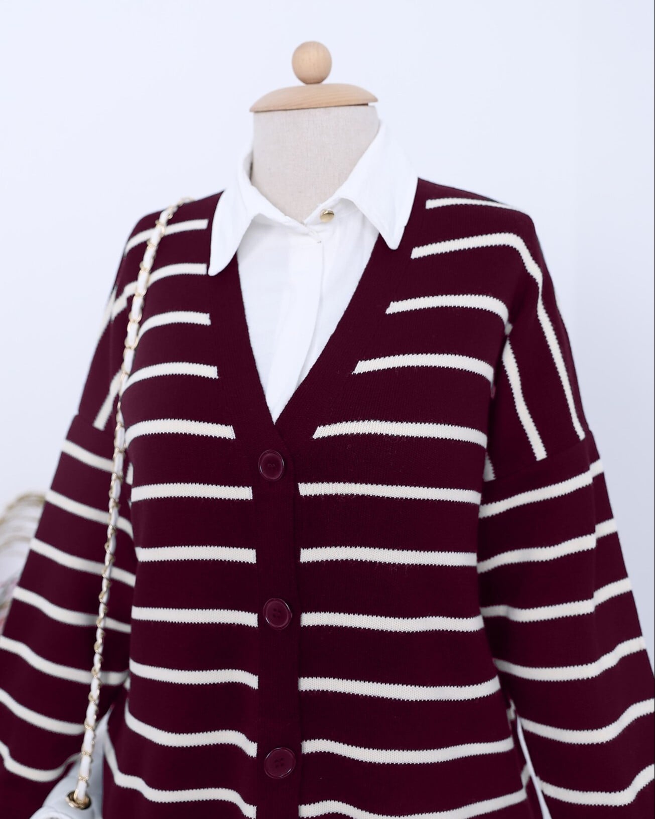 Striped Button V-Neck Cardigan - Burgundy - Podyumplus - by Peralane - photo 4