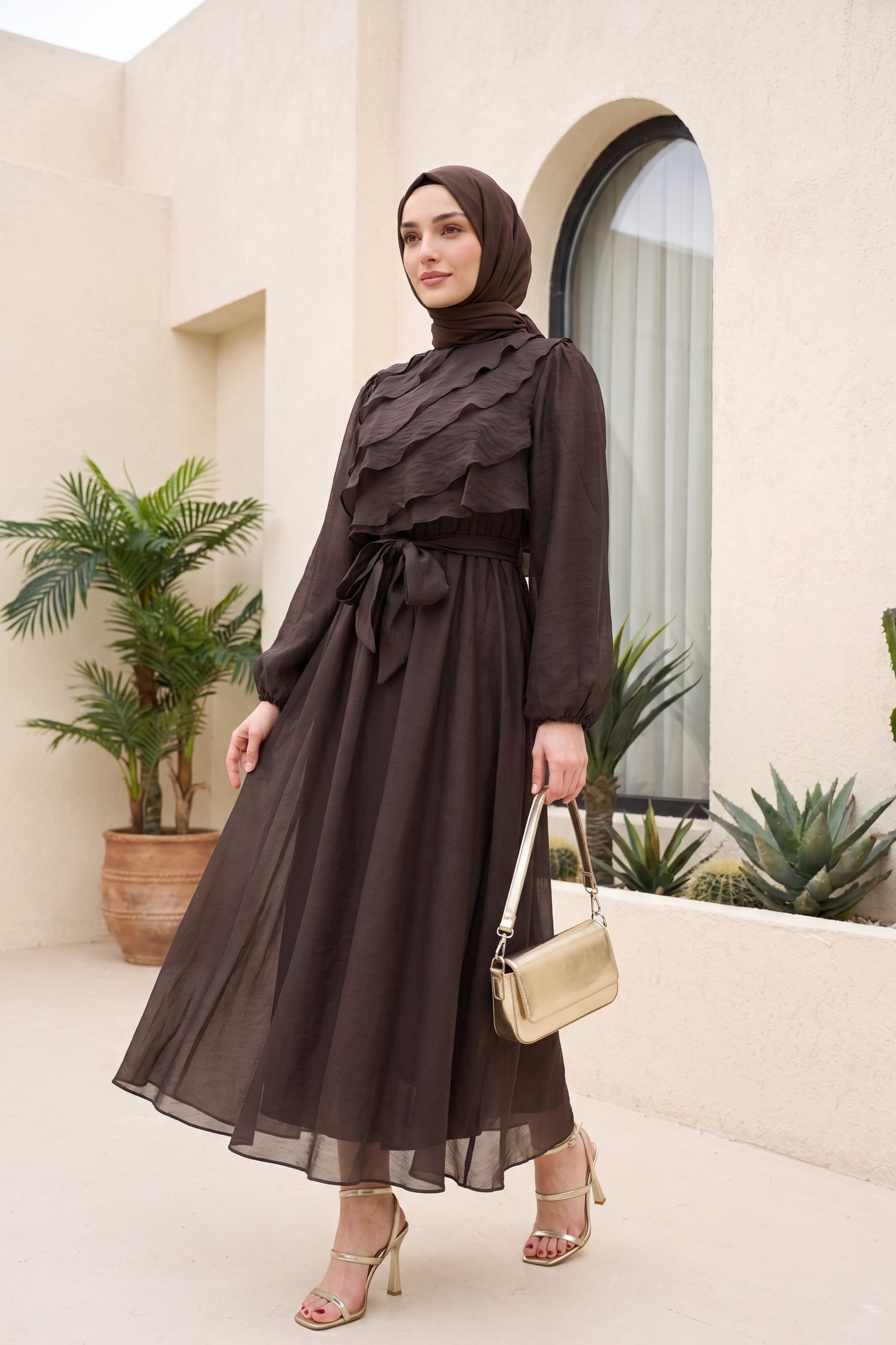 Dark Brown Tiered Ruffle Midi Dress with Balloon Sleeves and Tie Belt - Podyumplus - by Peralane - photo 4