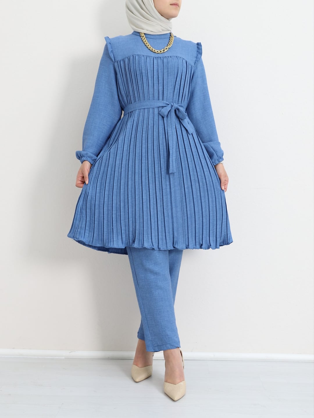 Ruffled Yoke Pleated Belted Tunic and Trousers Set - Blue - Podyumplus - by Peralane - photo 3
