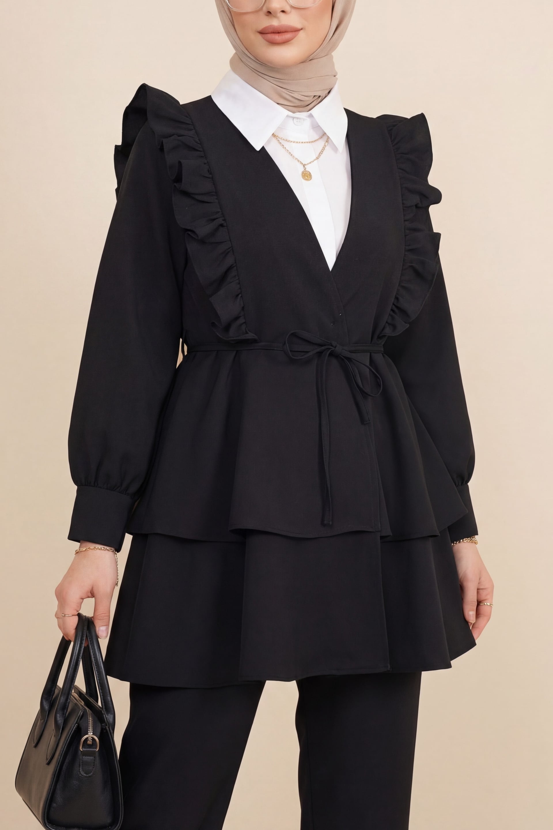Women's Black Kimono Set with Ruffled Top and Trousers - Podyumplus - by Peralane - photo 2