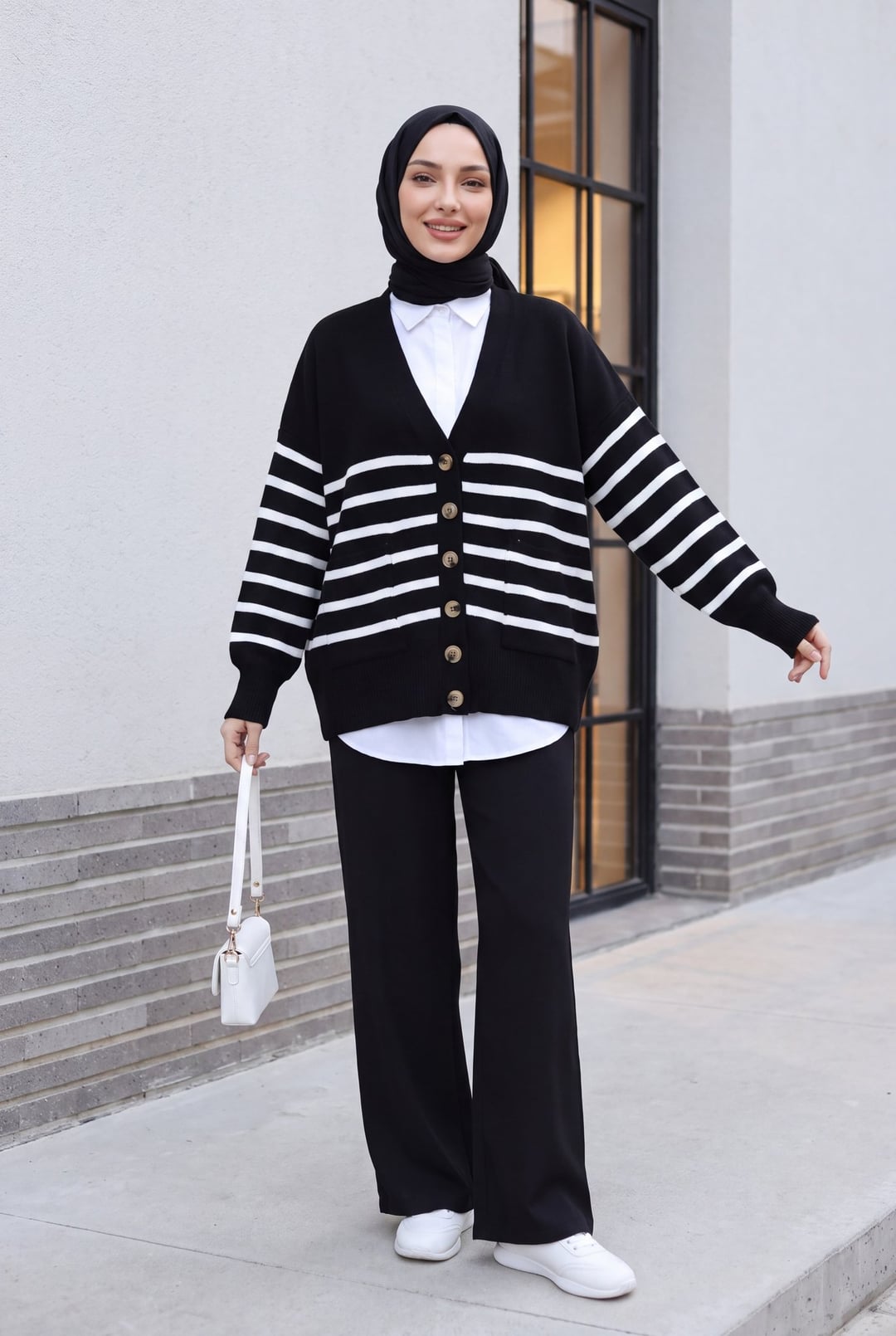 Black Striped Button-Front Cardigan with Pockets - Podyumplus - by Peralane - photo 3