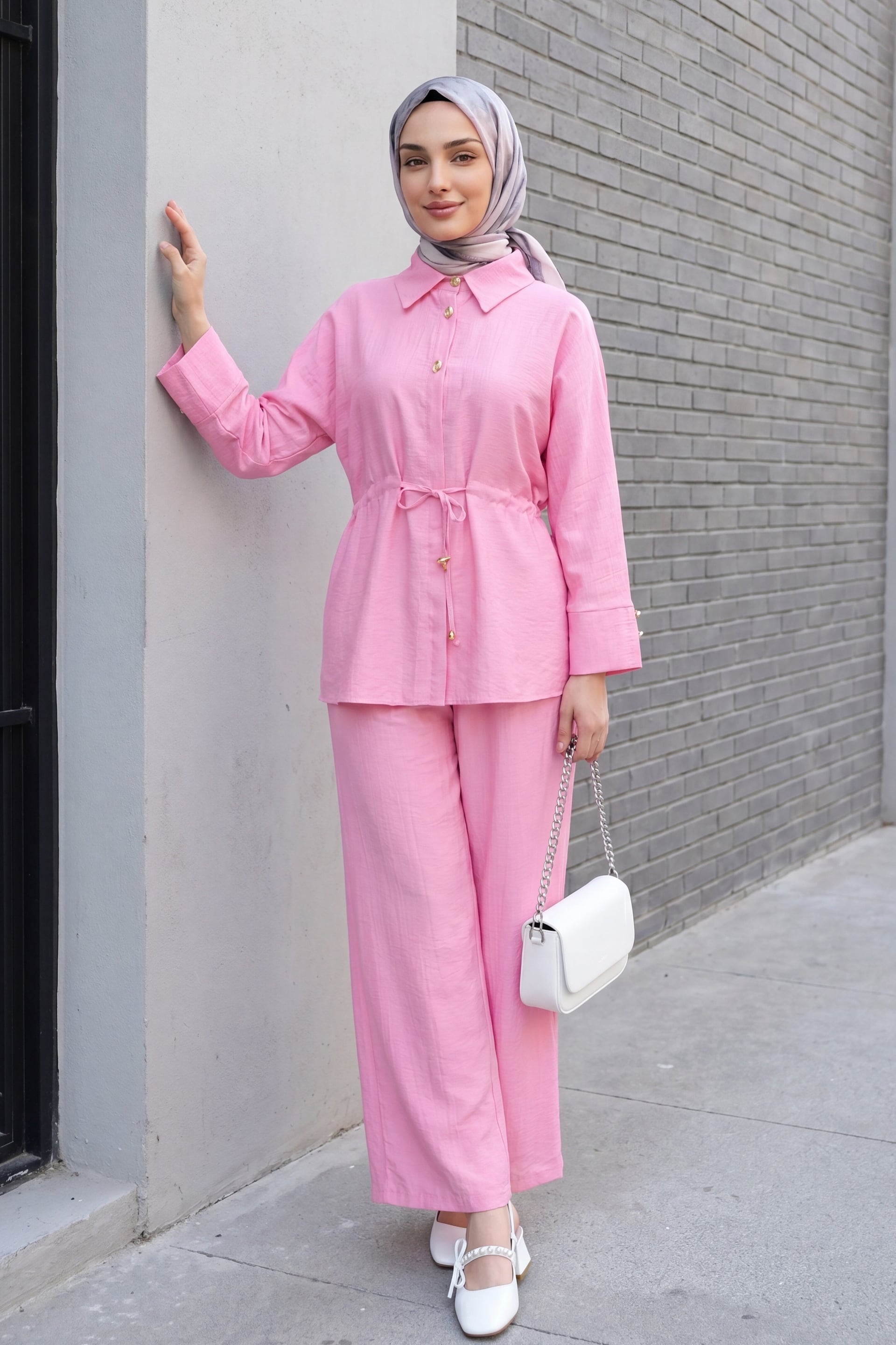 Tunnel Lace-Up Waist Elastic Pants Cotton Crinkle Two-Piece Set - Fuchsia - Podyumplus - by Peralane - photo 2