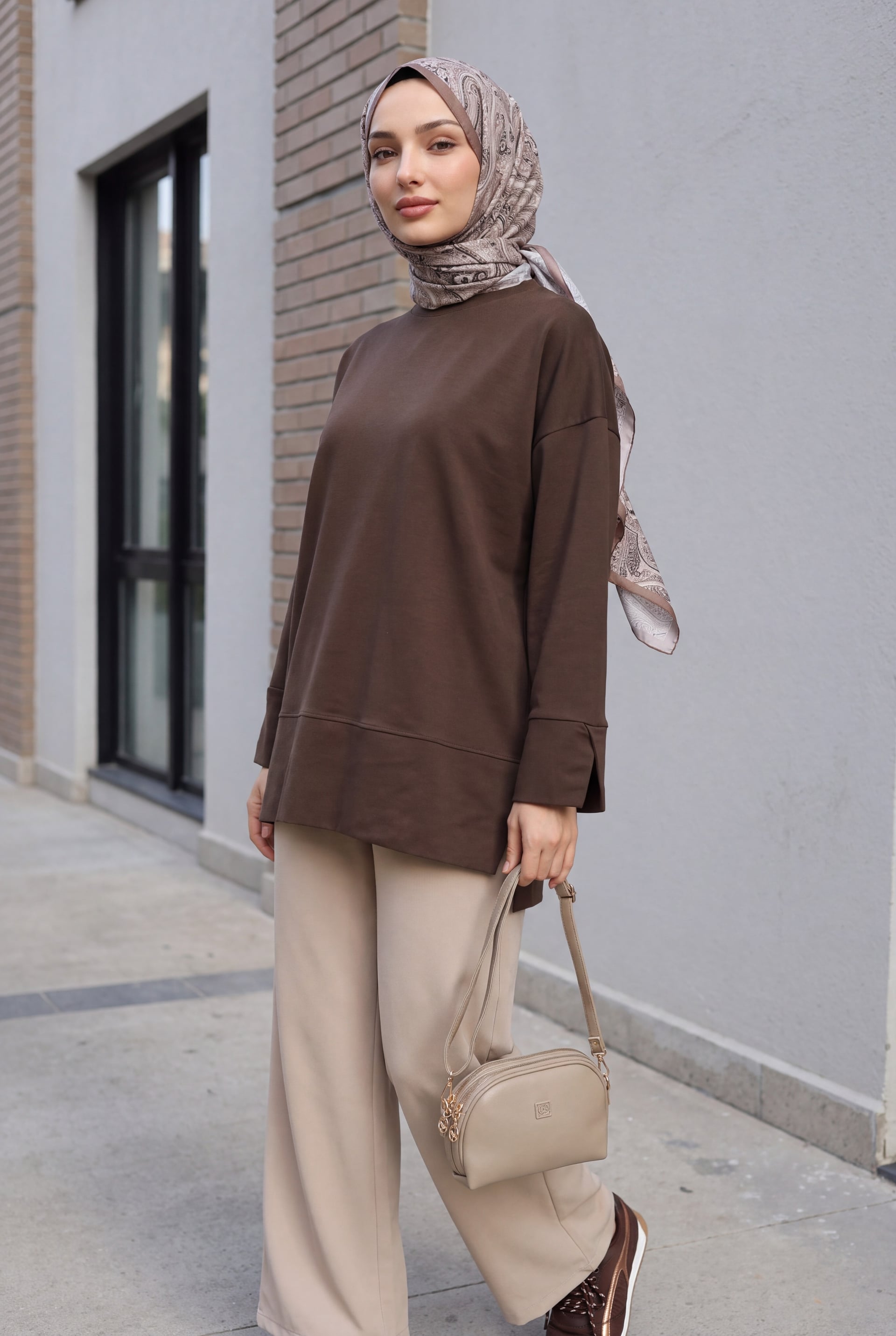 Crew Neck Slit Oversize Knit Tunic - Dark Brown - Podyumplus - by Peralane - photo 3