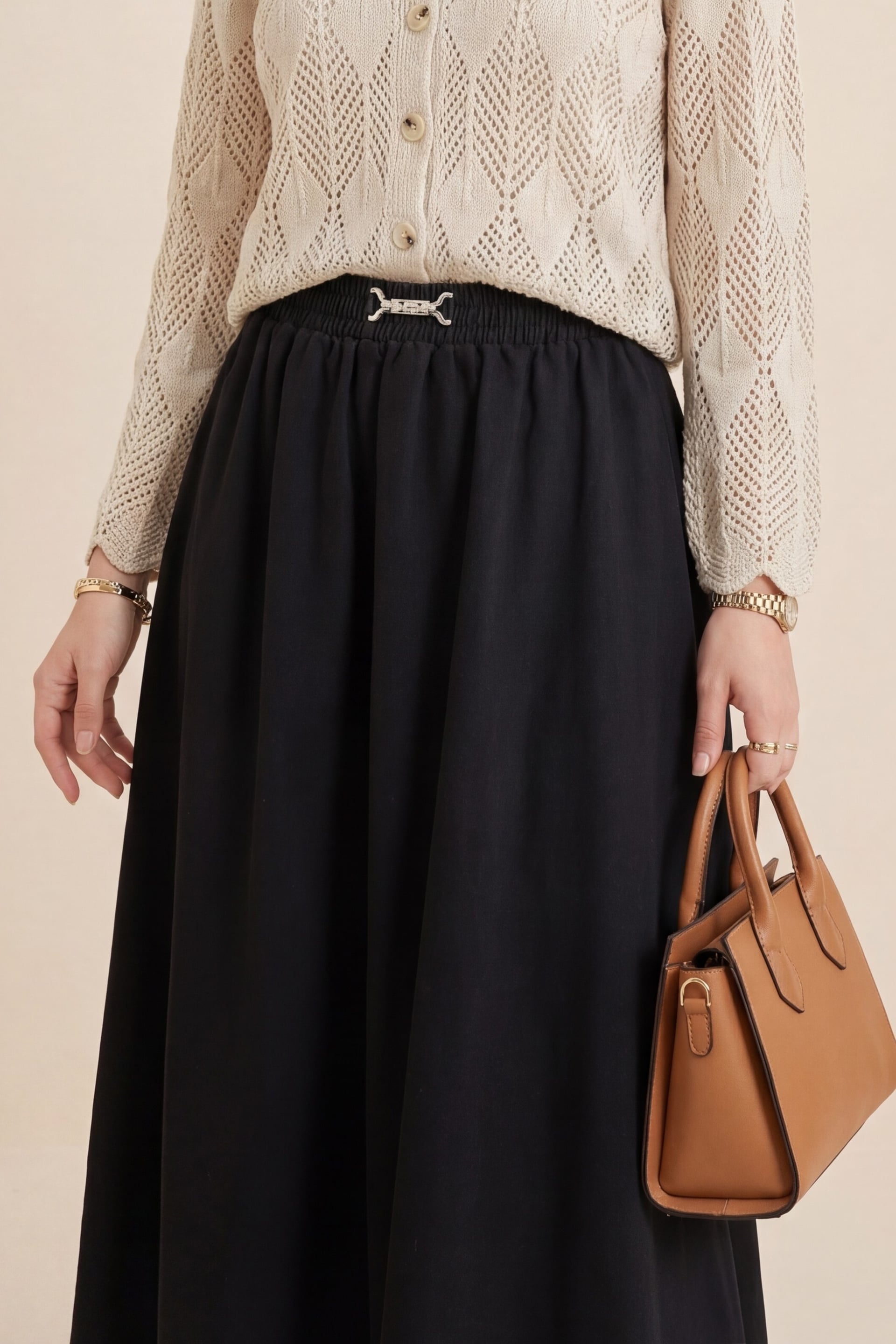 Black Elastic Waist Denim-Style Maxi Skirt with Buckle Detail - Podyumplus - by Peralane - photo 2