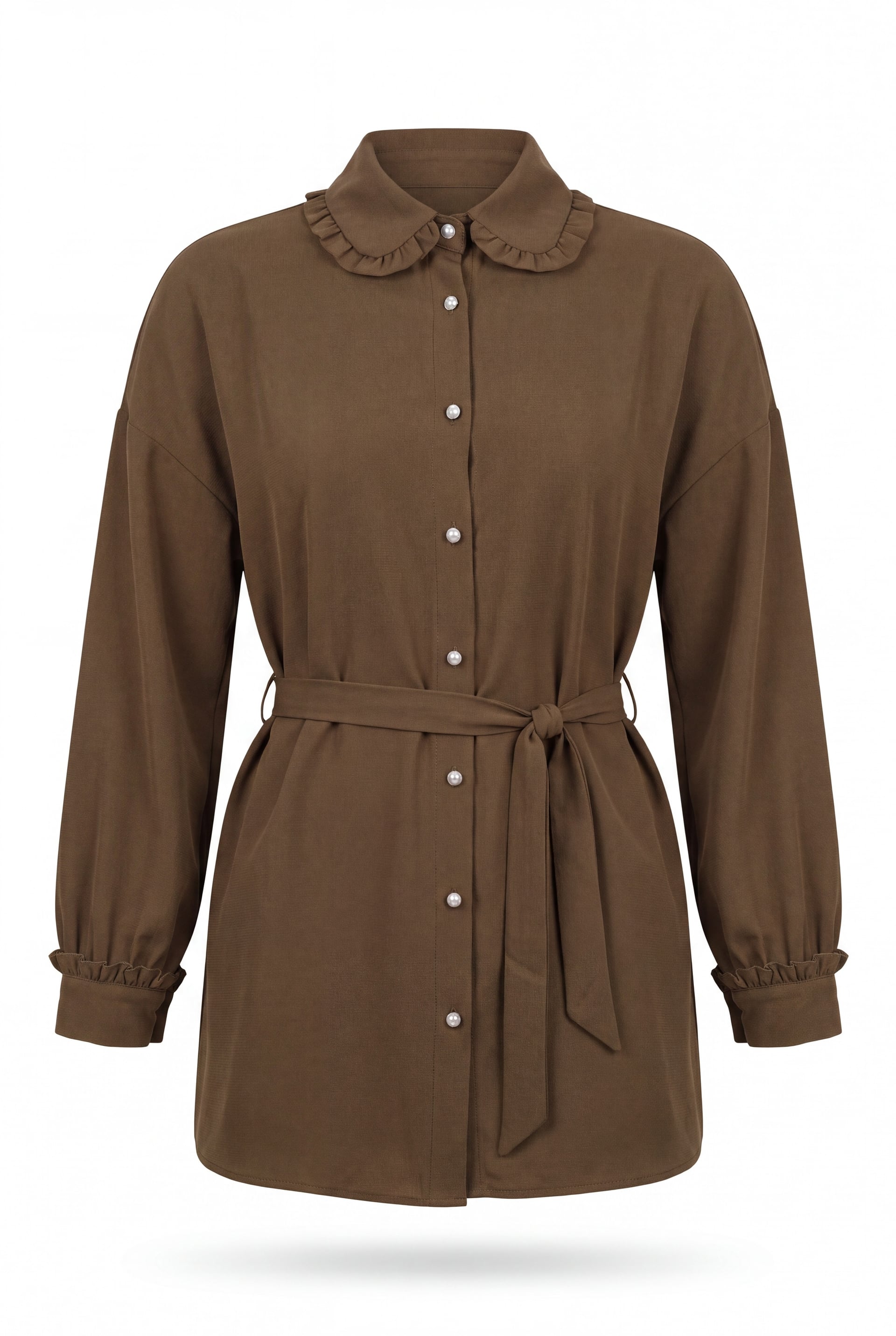 Stone Button Bow Peter Pan Collar Imported Crepe Tunic - Brown - Podyumplus - by Peralane - photo 4