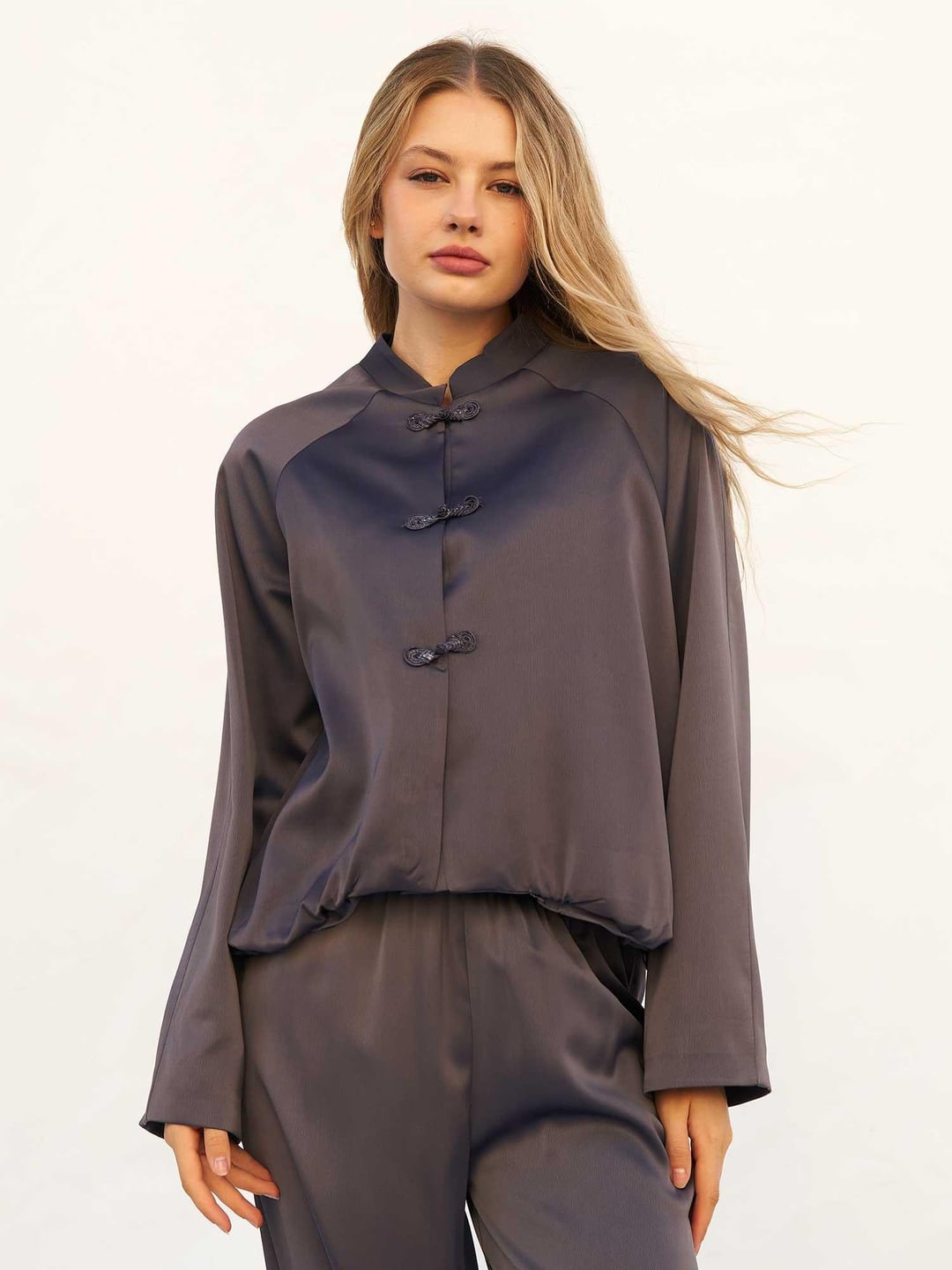 Women's Satin Bomber Jacket with Mandarin Collar and Frog Closures in Dark Grey - Lefon - by Peralane