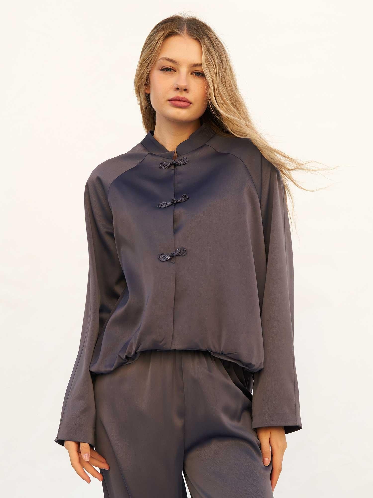 Women's Satin Bomber Jacket with Mandarin Collar and Frog Closures in Dark Grey - Lefon - by Peralane