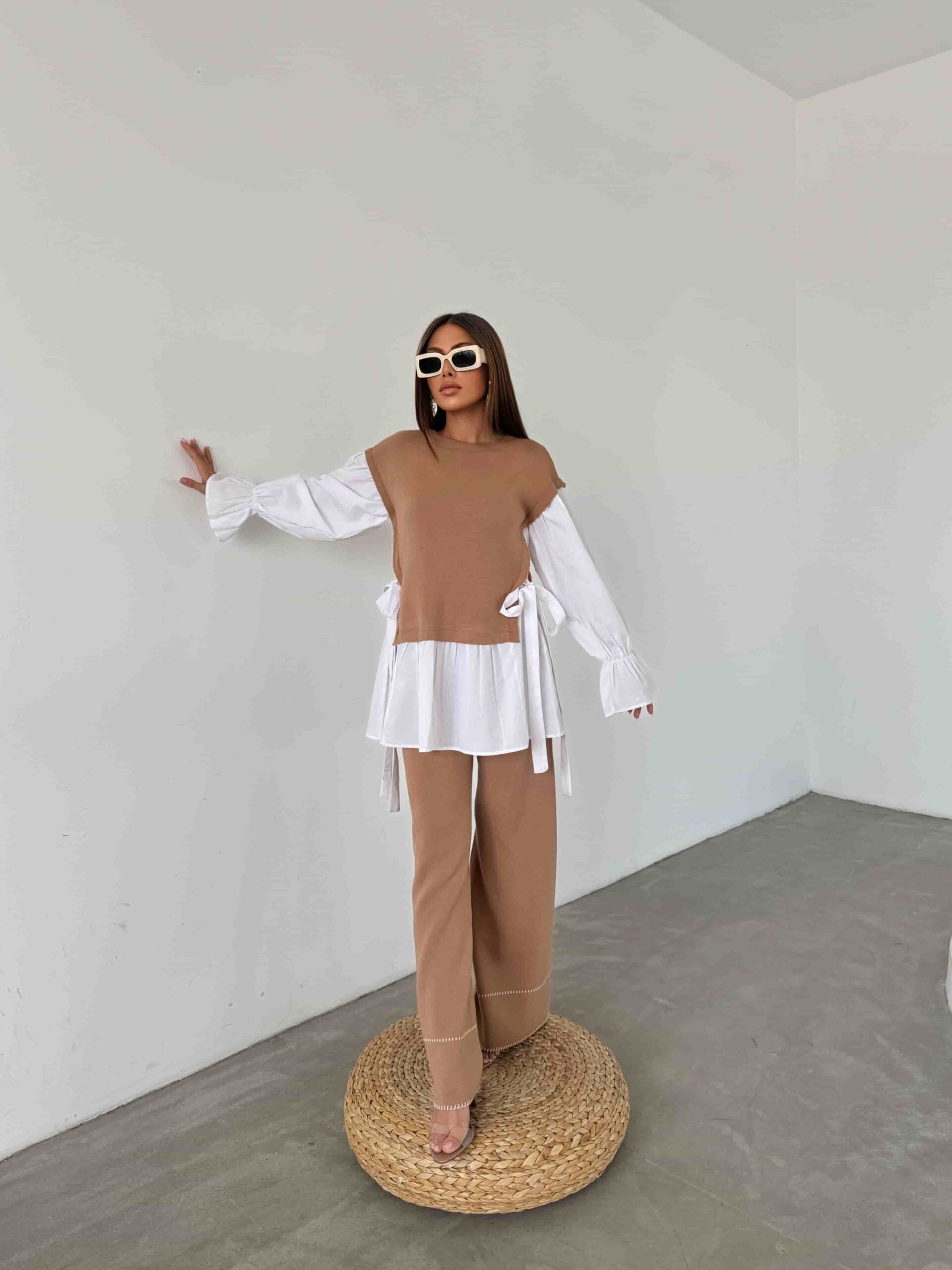 Brown Knitted Vest Overlay Two-Piece Set with White Blouse and Trousers - My Bee - by Peralane