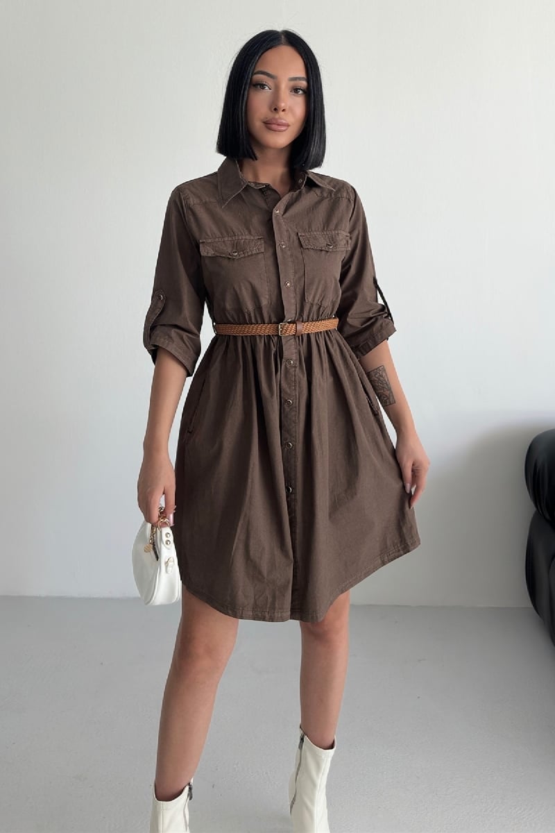 Gathered Short Denim Dress with Collar and Tie Belt in Brown - Xlove - by Peralane - photo 5