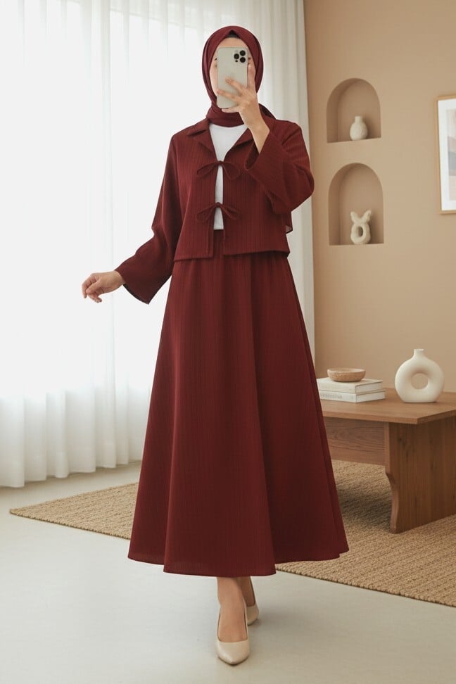 Tie-Front Crinkle Two-Piece Set with Skirt - Burgundy - Podyumplus - by Peralane - photo 2