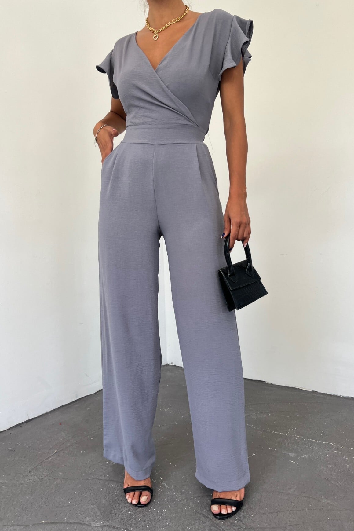 Grey Flutter Sleeve Jumpsuit with Belt - Podyumplus - by Peralane