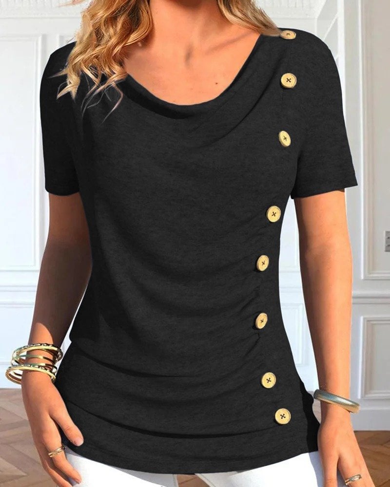 Women's Black Cowl Neck Short Sleeve Knit Blouse with Side Buttons - Janes - by Peralane