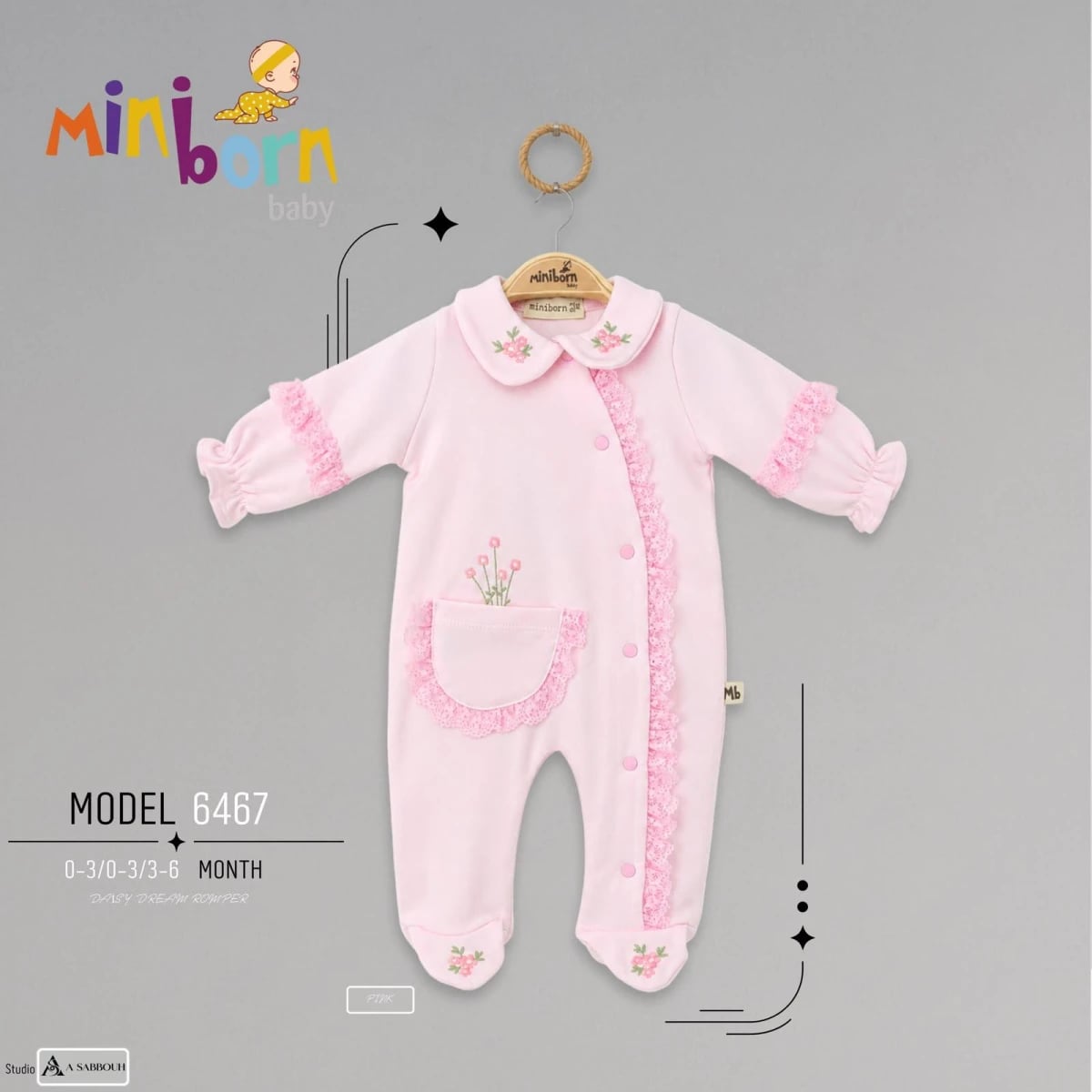 Pink Baby Girls' Romper with Footies, Long Sleeves and Floral Embroidery - Miniborn - by Peralane
