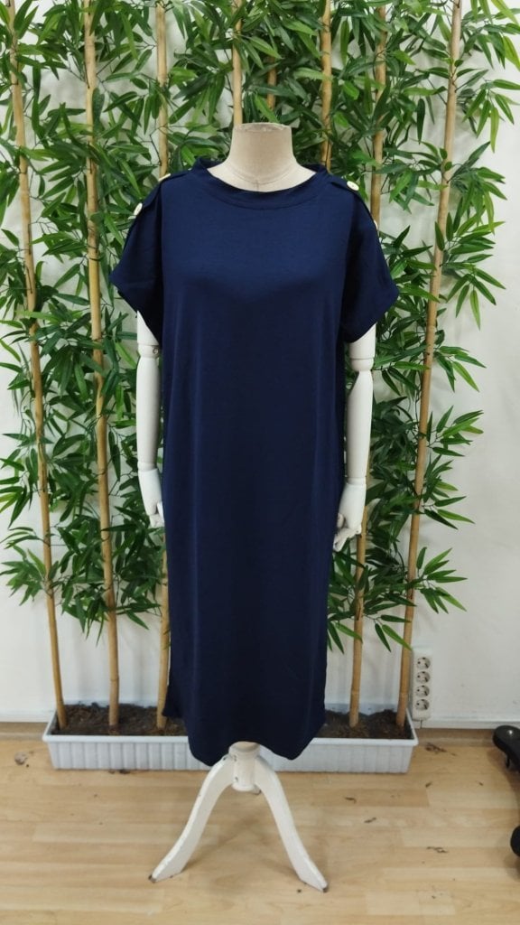 Women's Navy Blue Dolman Sleeve Button Shoulder Midi Knit Dress - Janes - by Peralane - photo 6
