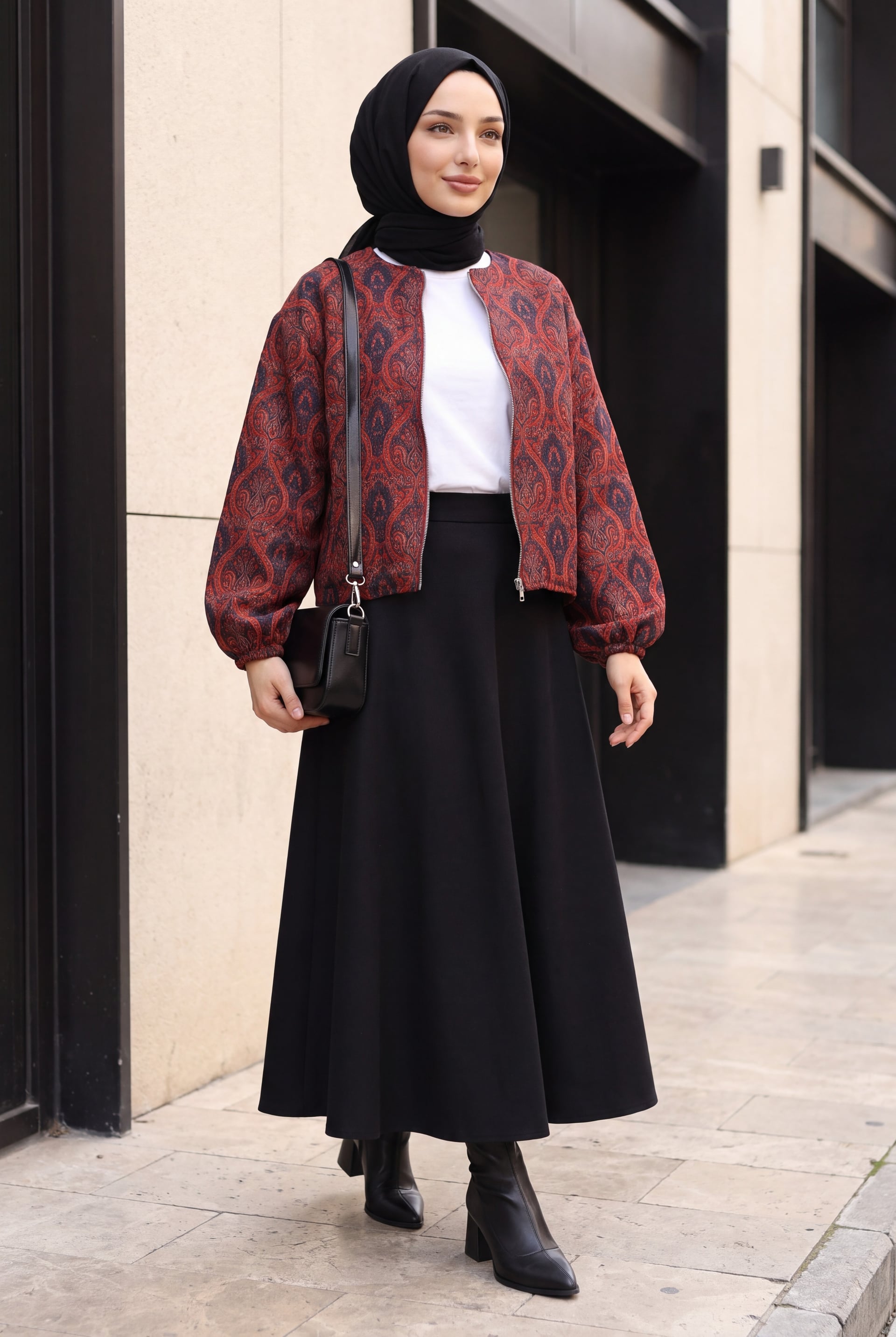 Paisley Print Bomber Jacket with Balloon Sleeves – Coral Red - Podyumplus - by Peralane - photo 5