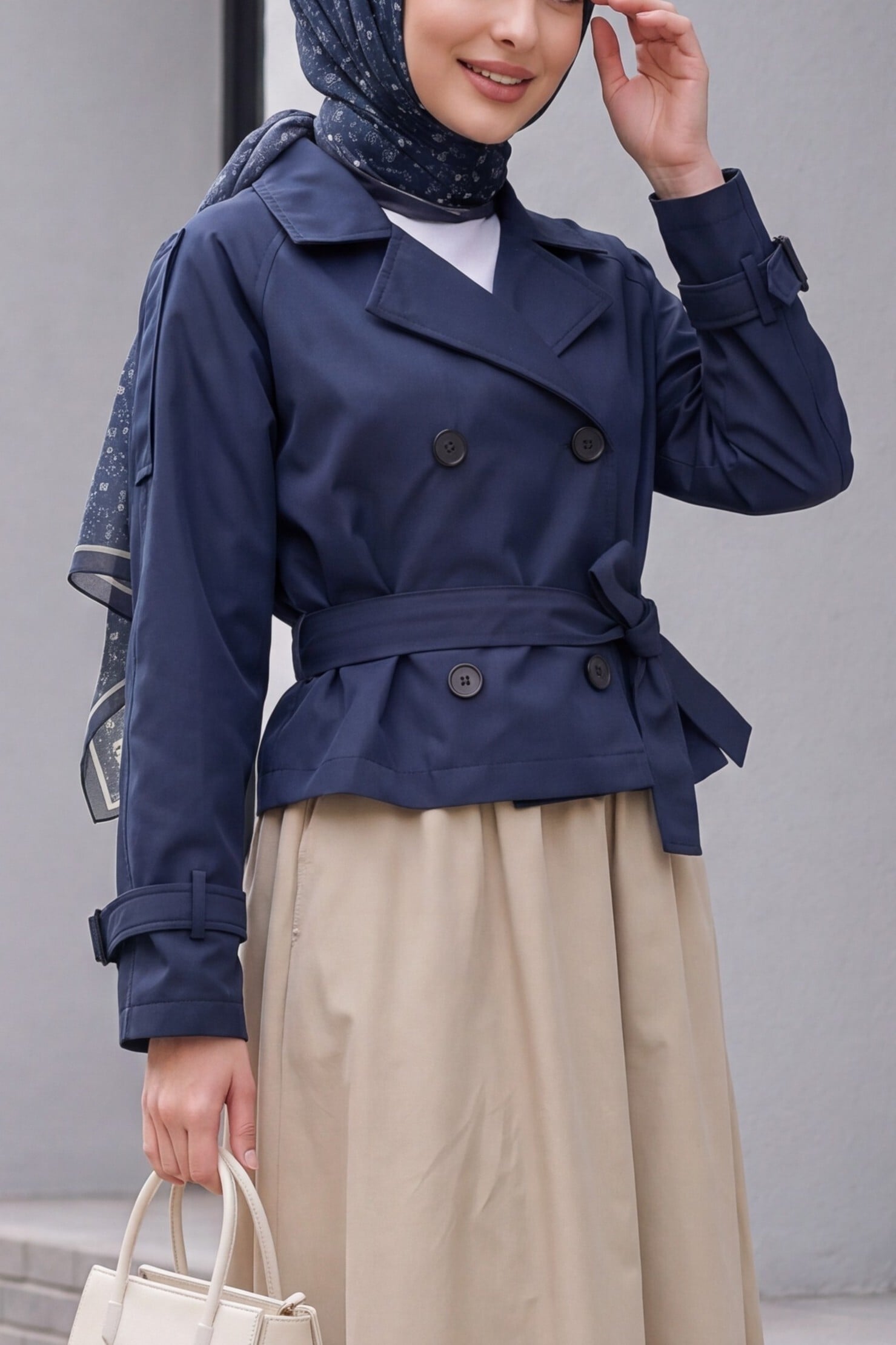 Women's Belted Short Trench Coat Navy - Bigdart - by Peralane