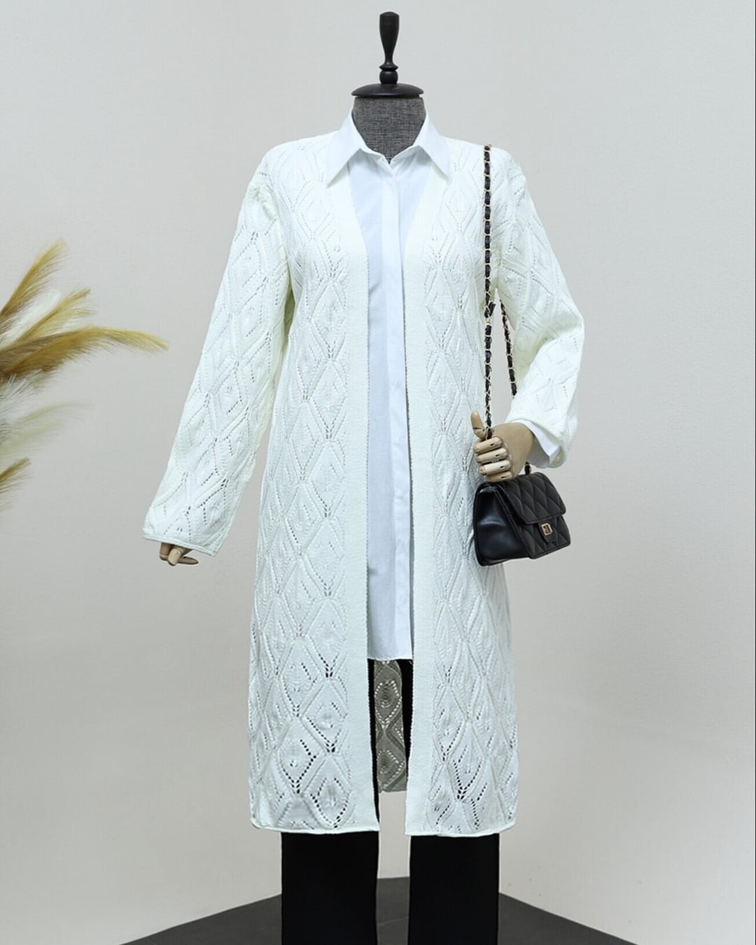 Cream Diamond Pattern Openwork Long Knit Cardigan - Podyumplus - by Peralane - photo 4
