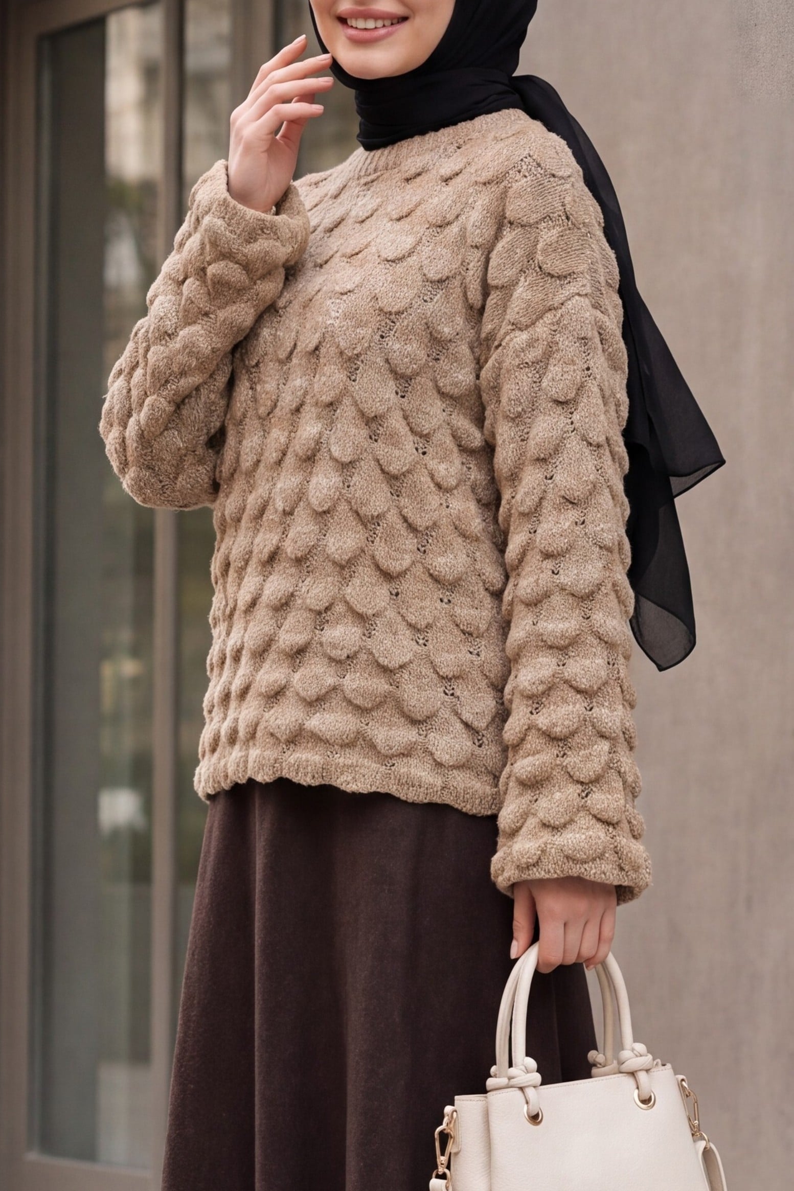Crew Neck Fish Scale Pattern Relaxed Fit Knit Sweater - Mink - Podyumplus - by Peralane