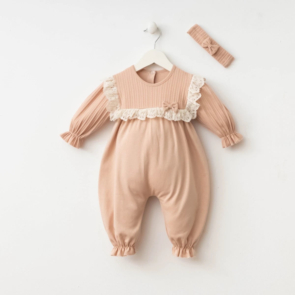 Lace Trim Baby Romper and Headband Set - Blush Pink - Minizeyn - by Peralane