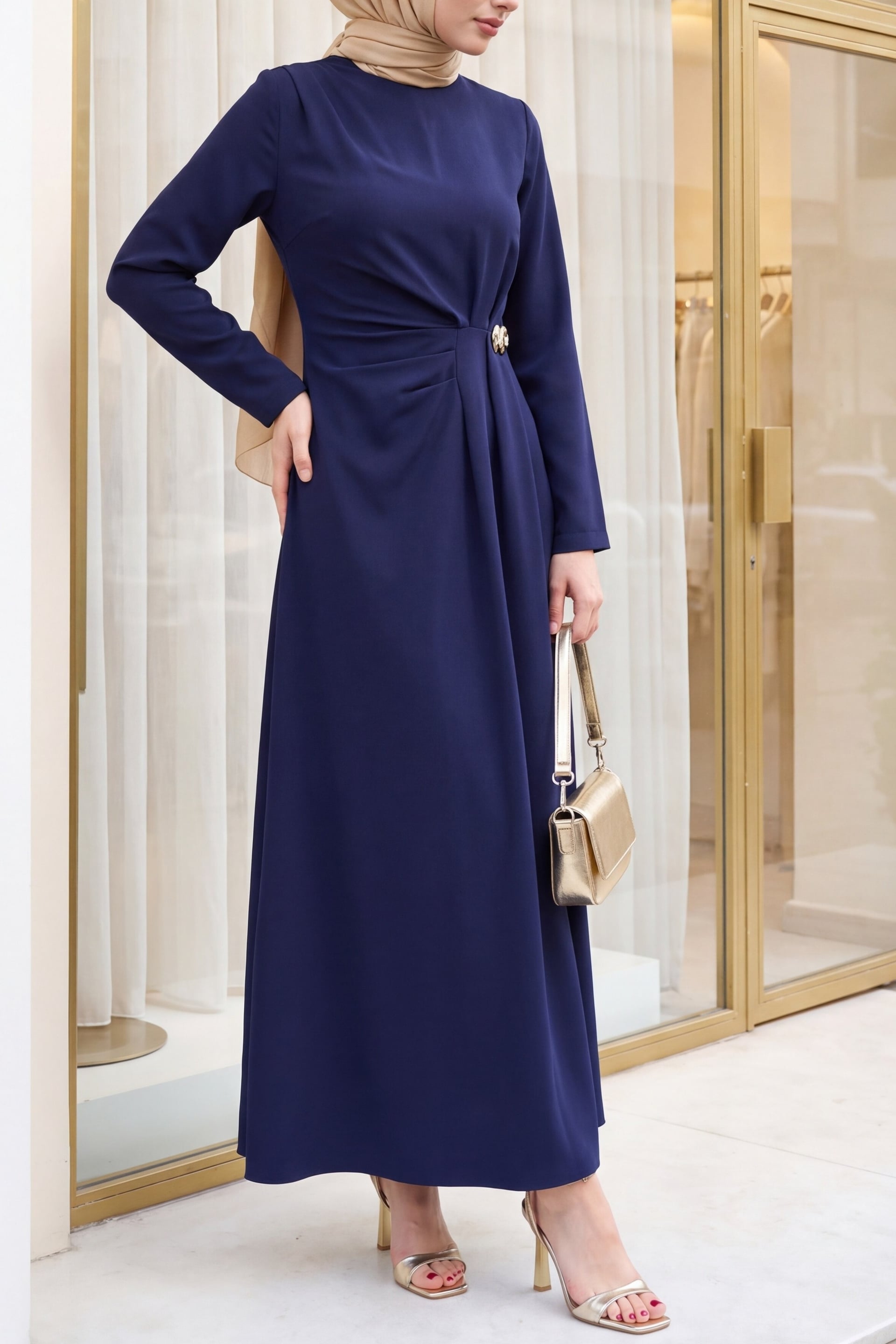 Navy Blue Double Crepe Dress with Pleated Shoulder and Brooch Detail - Podyumplus - by Peralane