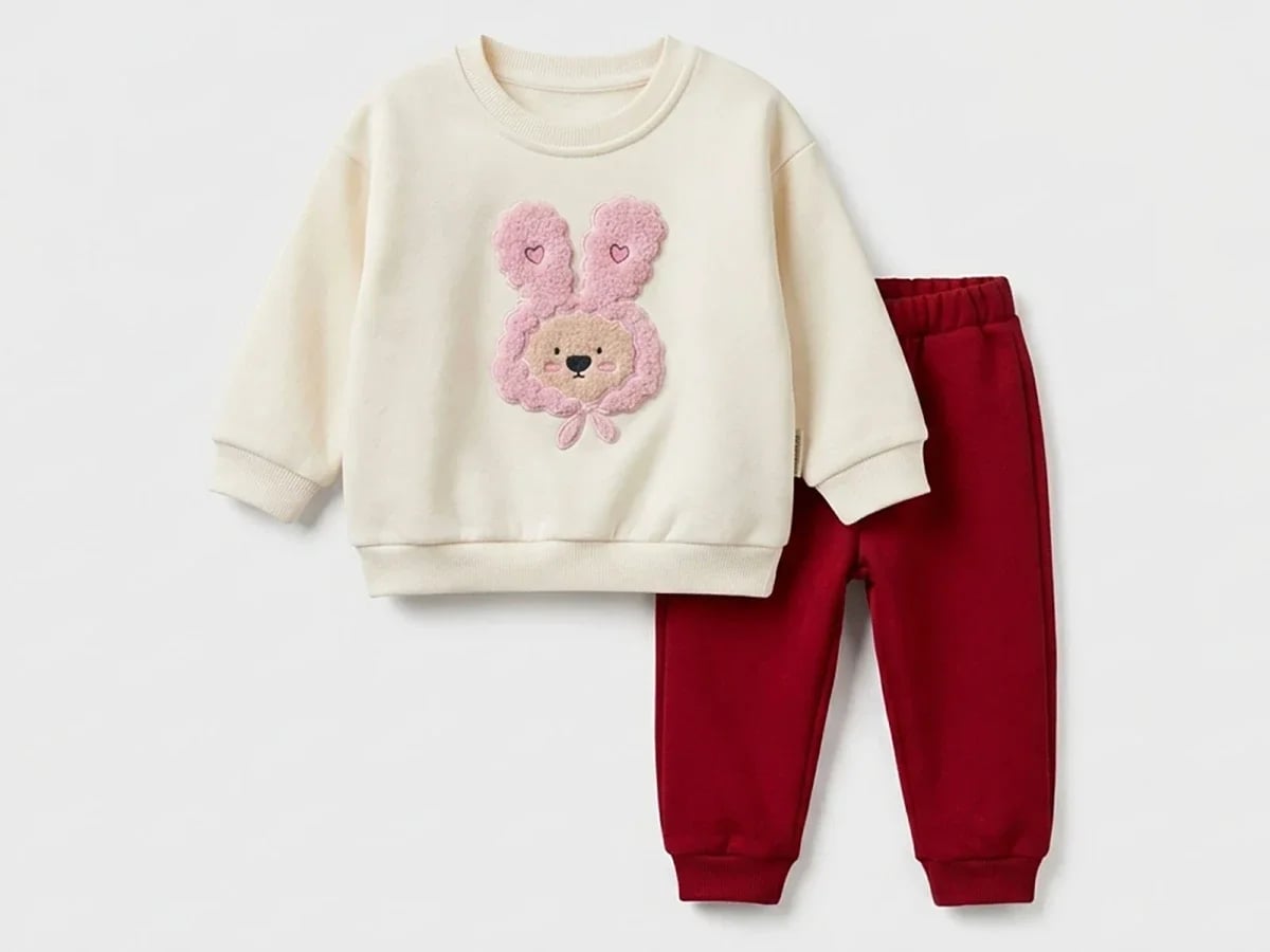 Cream and Red Bunny Appliqué Sweatshirt and Trousers Set for Girls - Vovido - by Peralane