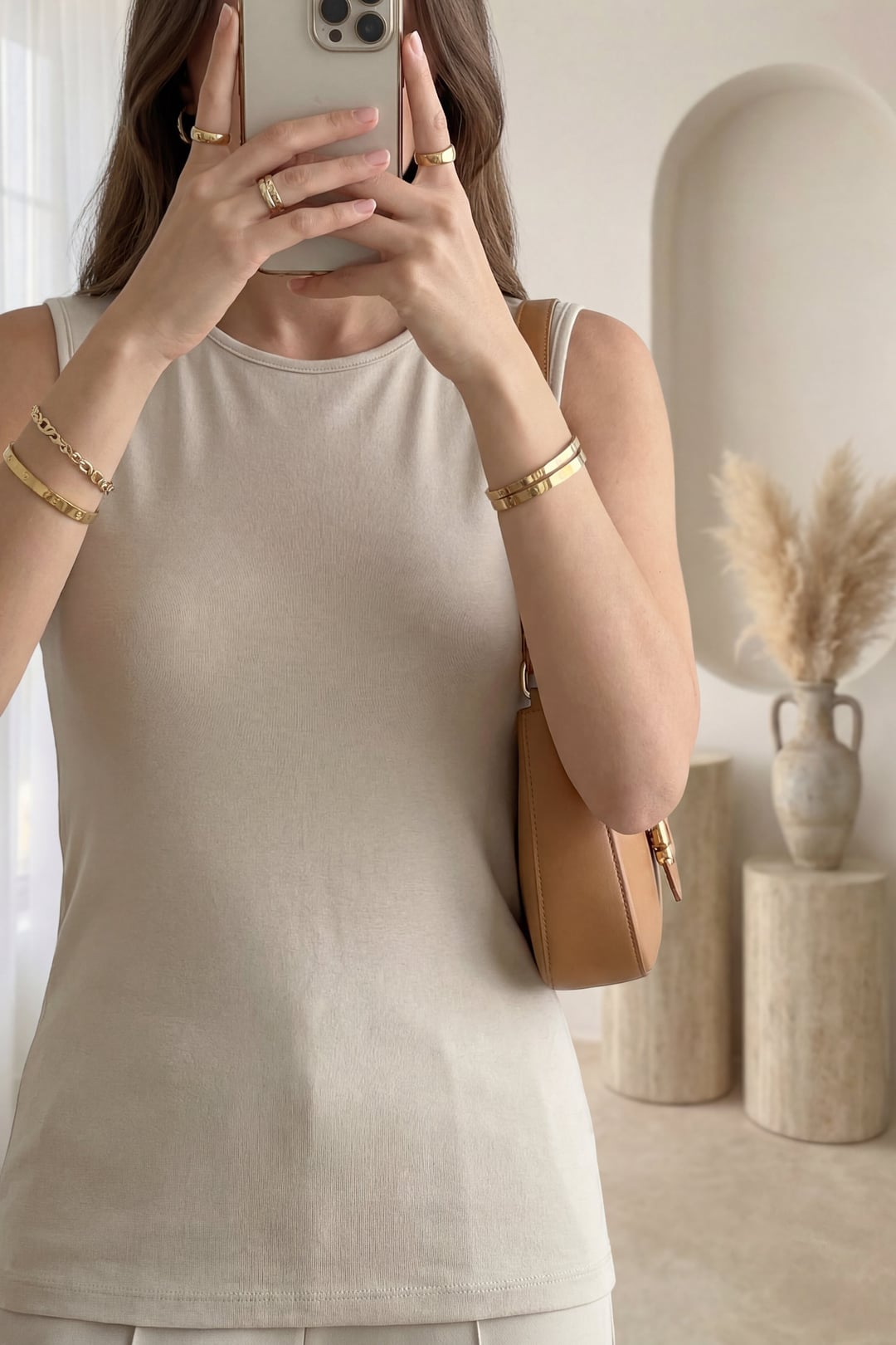 Sleeveless Crew Neck Ribbed Knit Tank Top - Beige - Podyumplus - by Peralane