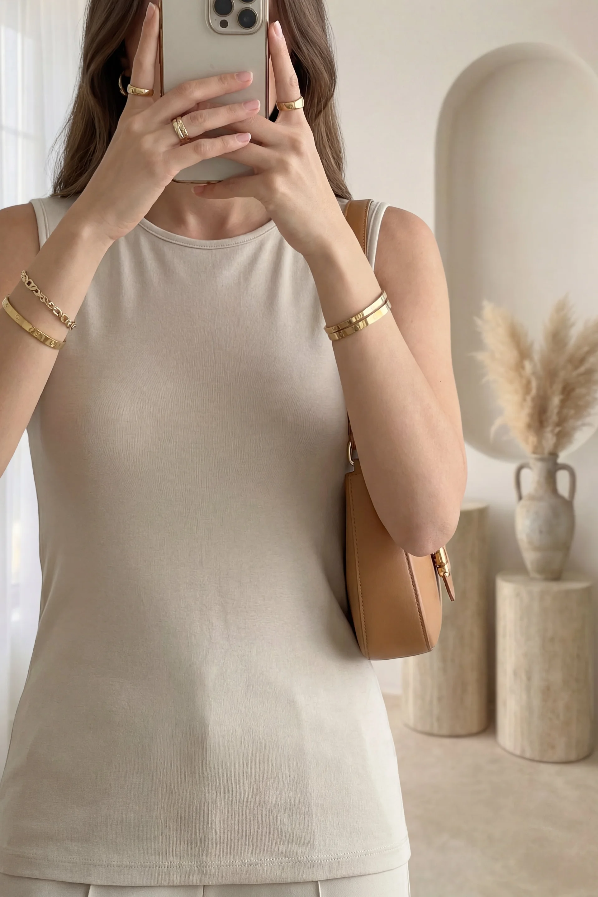 Sleeveless Crew Neck Ribbed Knit Tank Top - Beige - Podyumplus - by Peralane