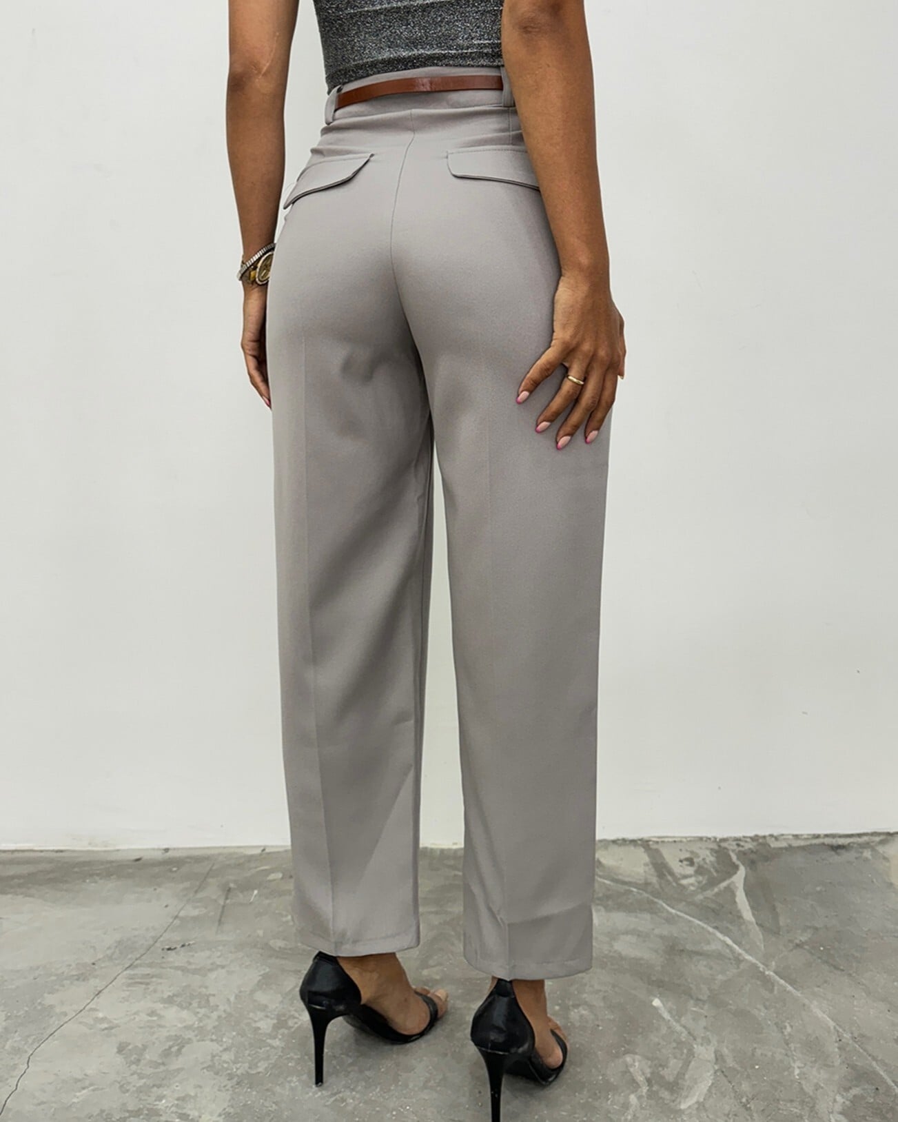 Slim Belt Pleated Wide Leg Trousers - Grey - Podyumplus - by Peralane - photo 3