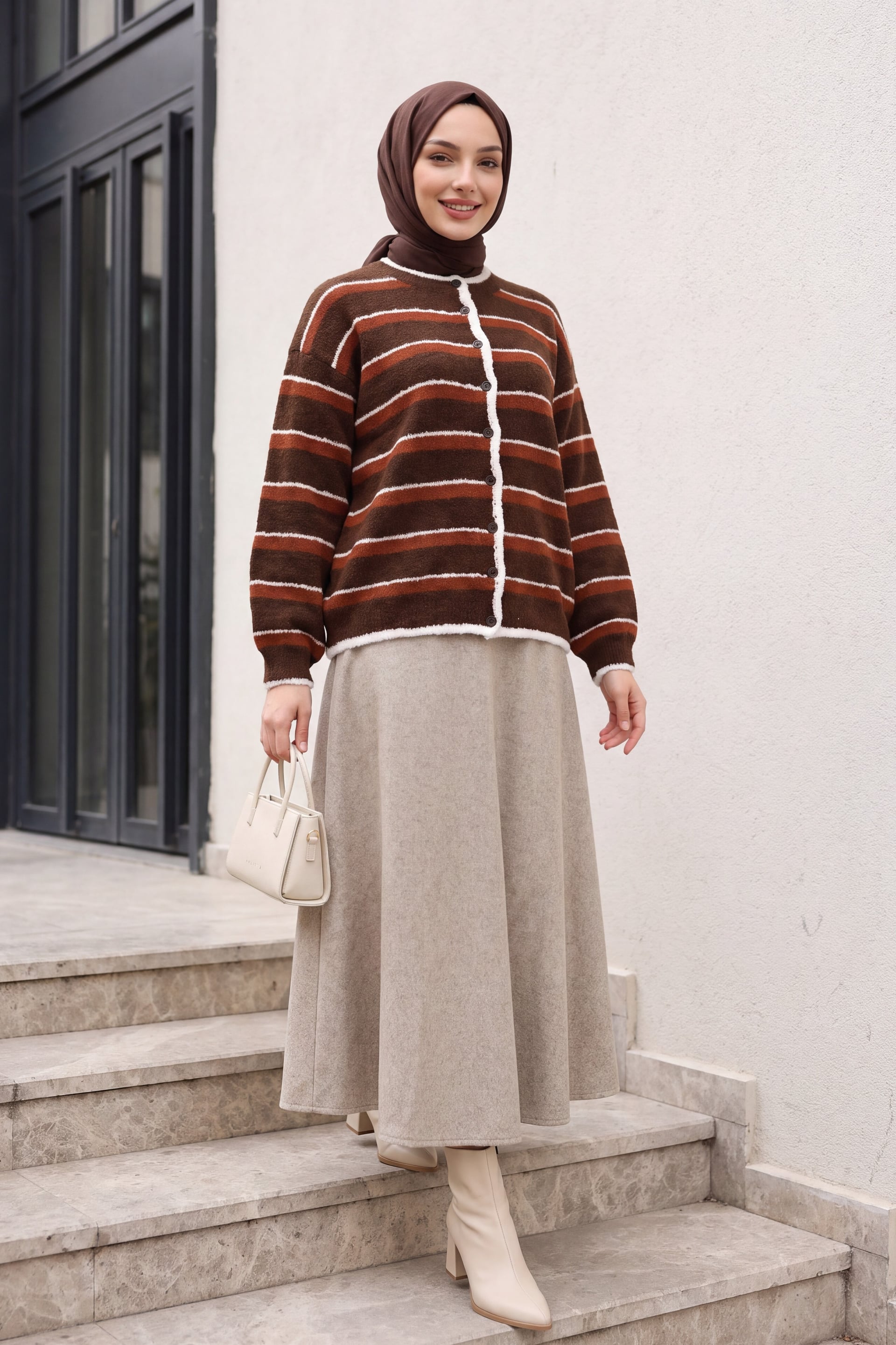 Round Neck Striped Knit Cardigan - Rust - Podyumplus - by Peralane - photo 5