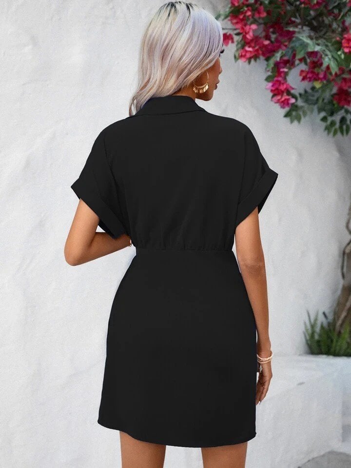 Women's Black Short-Sleeve Wrap Dress with Collar and Side Tie - Janes - by Peralane - photo 5