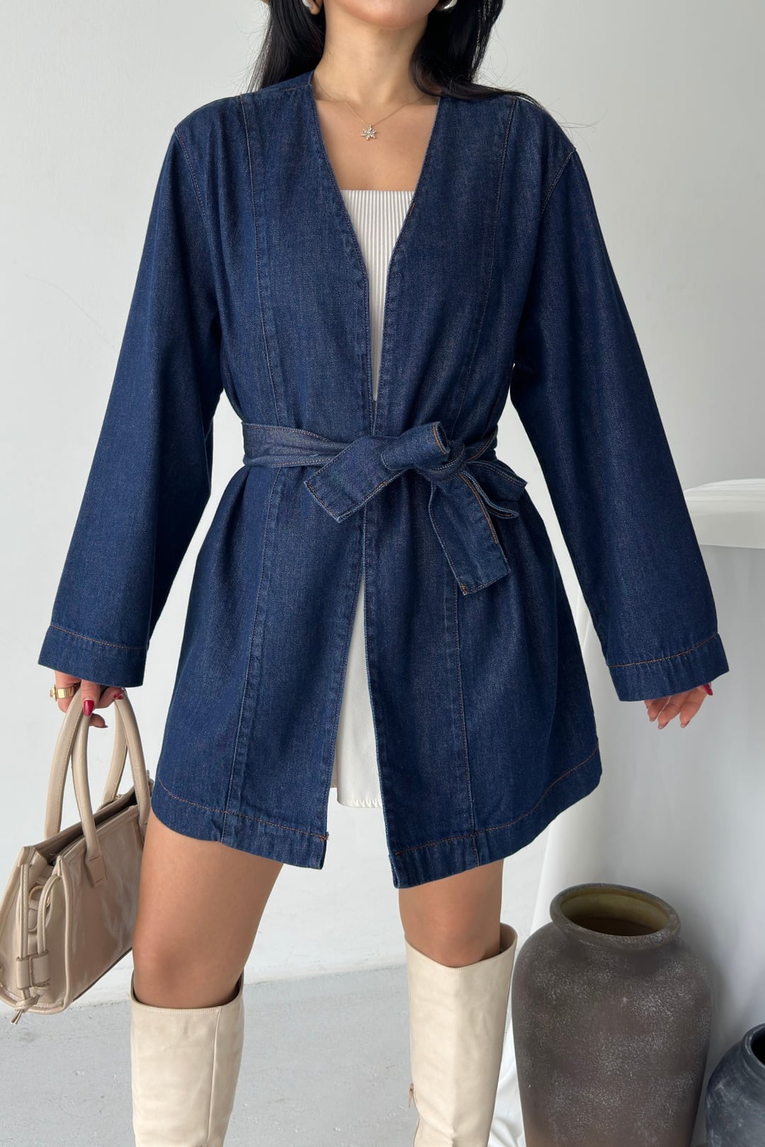 Oversize Tie Waist Denim Jacket in Dark Navy - Xlove - by Peralane - photo 4
