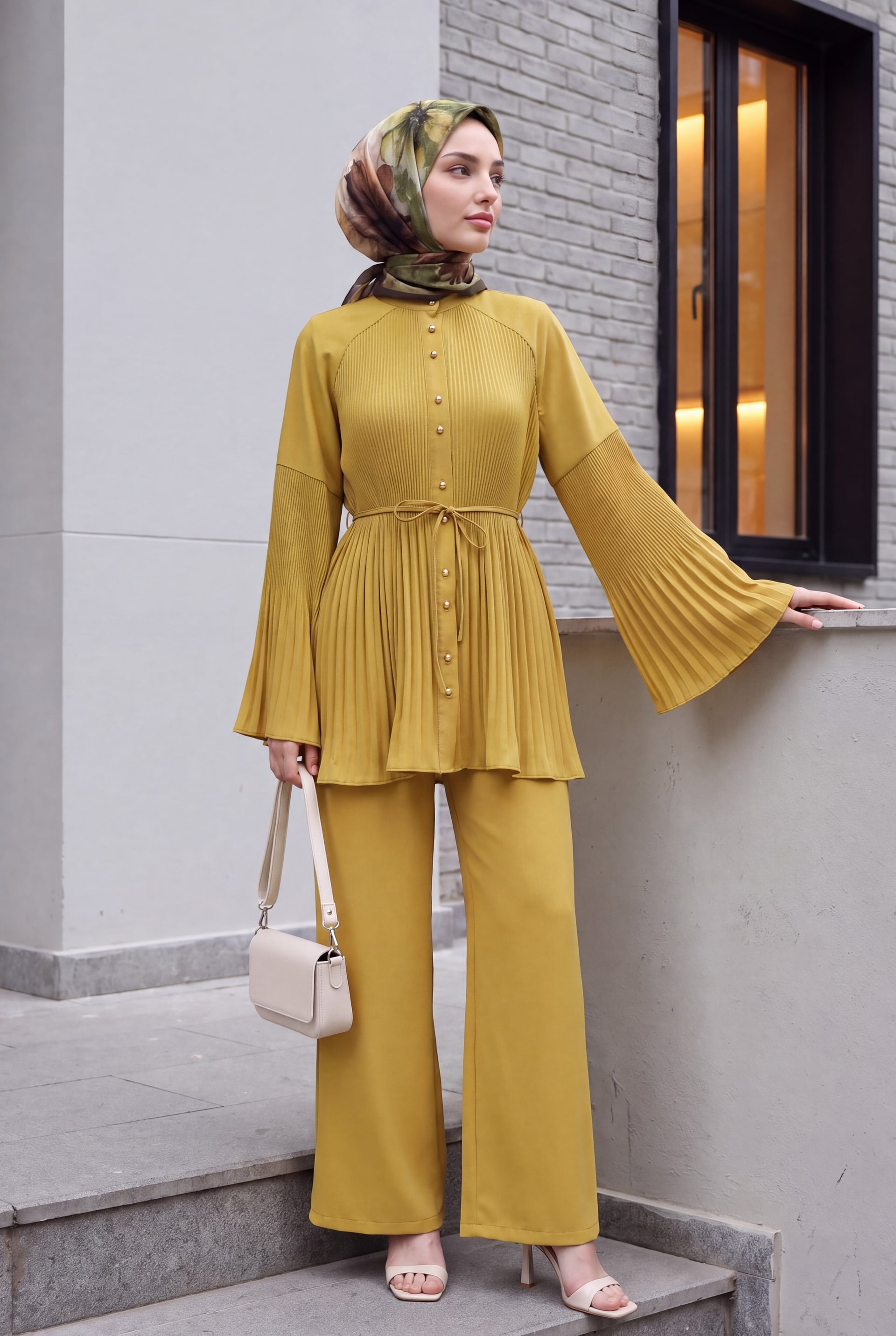 Pleated Mandarin Collar Buttoned Crepe Two-Piece Set - Oil Green - Podyumplus - by Peralane