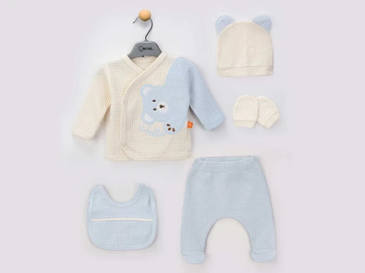 Bear Print Baby Boy 5-Piece Hospital Exit Set - Light Blue - Beyaz Bebek - by Peralane