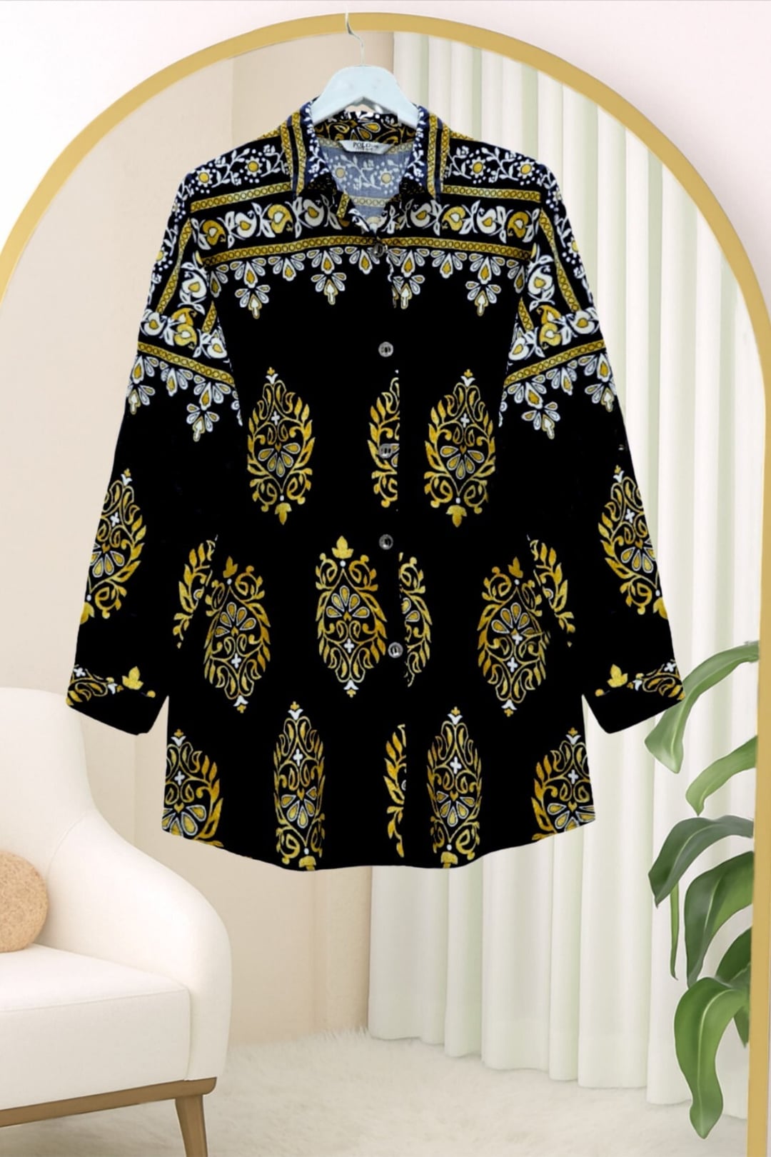 Oval Cut Button-Front Viscose Tunic - Black - Podyumplus - by Peralane - photo 5
