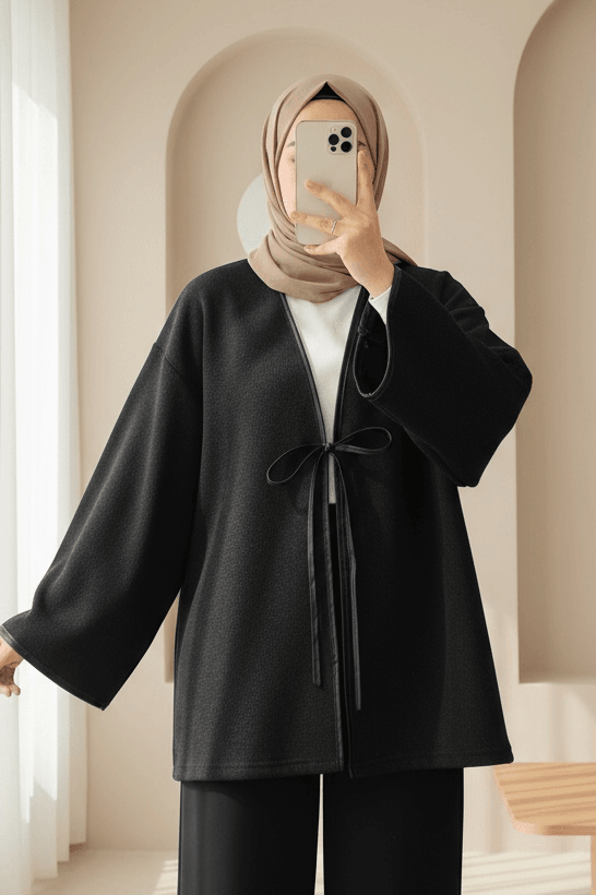 Black Tie-Front Kimono with Faux Leather Trim - Podyumplus - by Peralane
